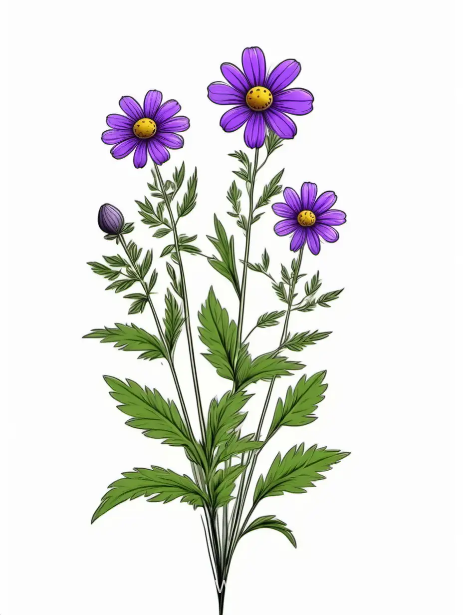 purple BIG wildflower 3 plants lines art, simple, herb, Unique floral, botanical ,grow in cluster, 4K, high quality, white background,