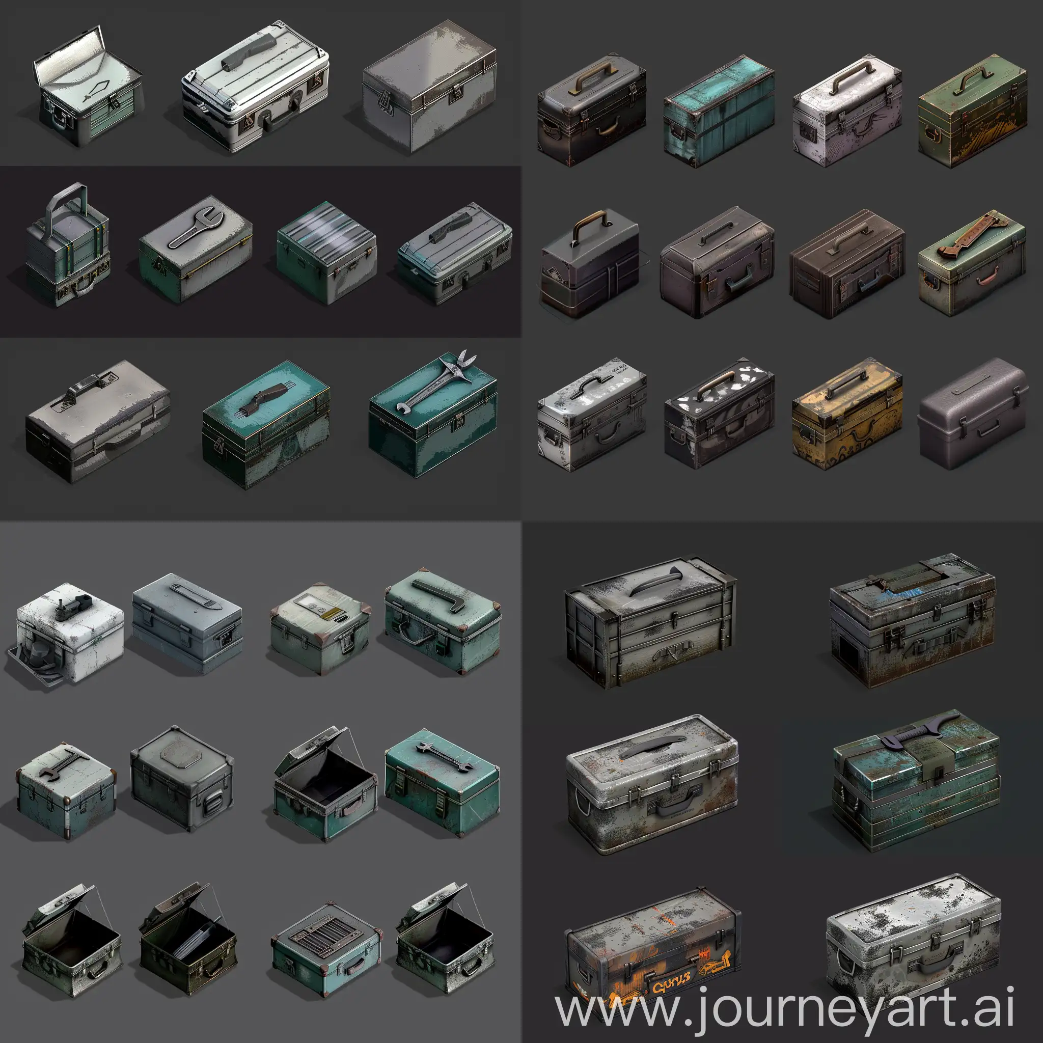 https://i.imgur.com/9T6eIaH.png realistic photo of isometric set of old instrument kit repair tools metal boxes without details in style of unreal engine 5, isometric set, orthographic projection, ultrarealistic style --style raw