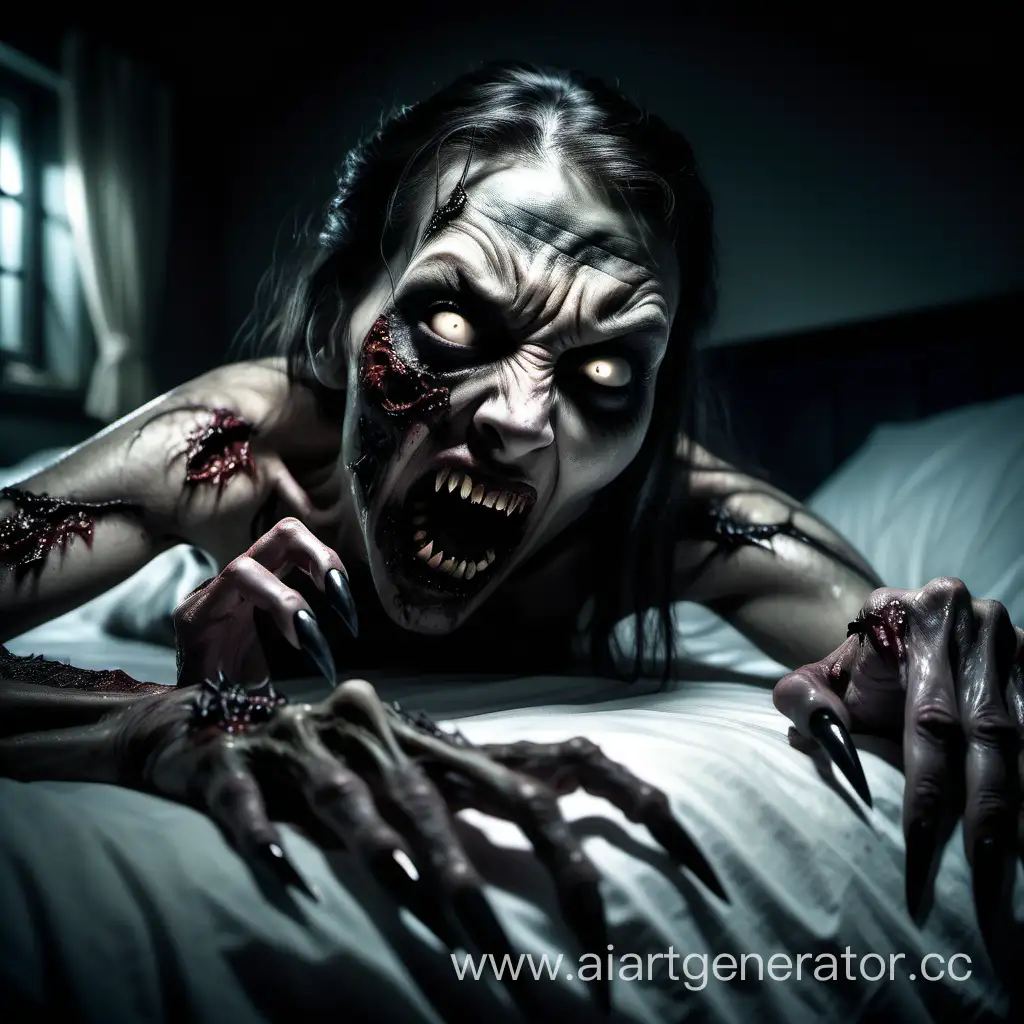 a horrifying nightmare scene of a zombie woman with long, curved black nails protruding from her fingers like menacing claws, her mouth is wide open, revealing a row of sharp, pointed teeth that resemble fangs. She lies on the bed trying to catch the observer, the dark room has the atmosphere of a nightmare, only a faint light bursting through the window, hyper realism