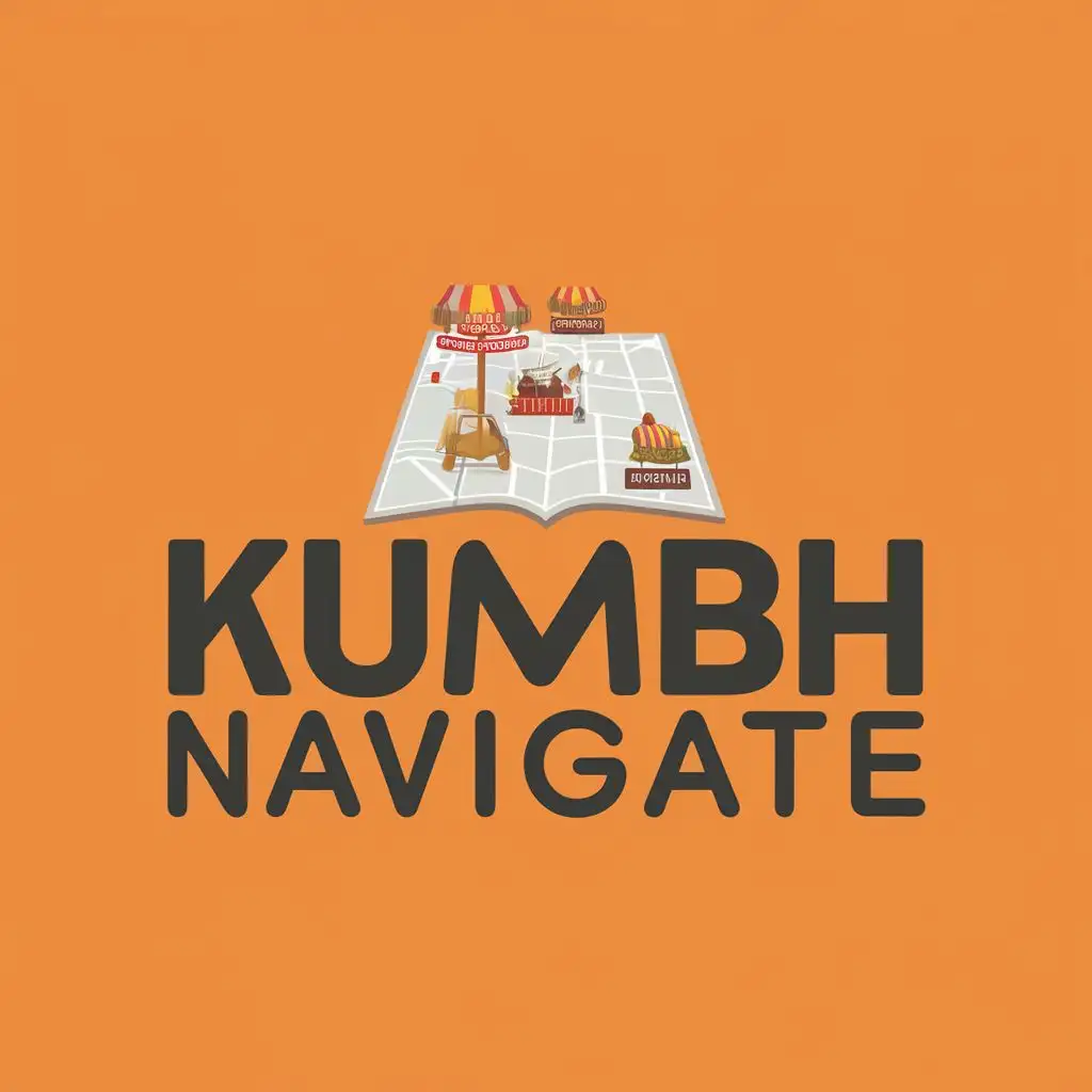 logo, small map navigating stall and shop, with the text "KumbhNavigate", typography, be used in Events industry