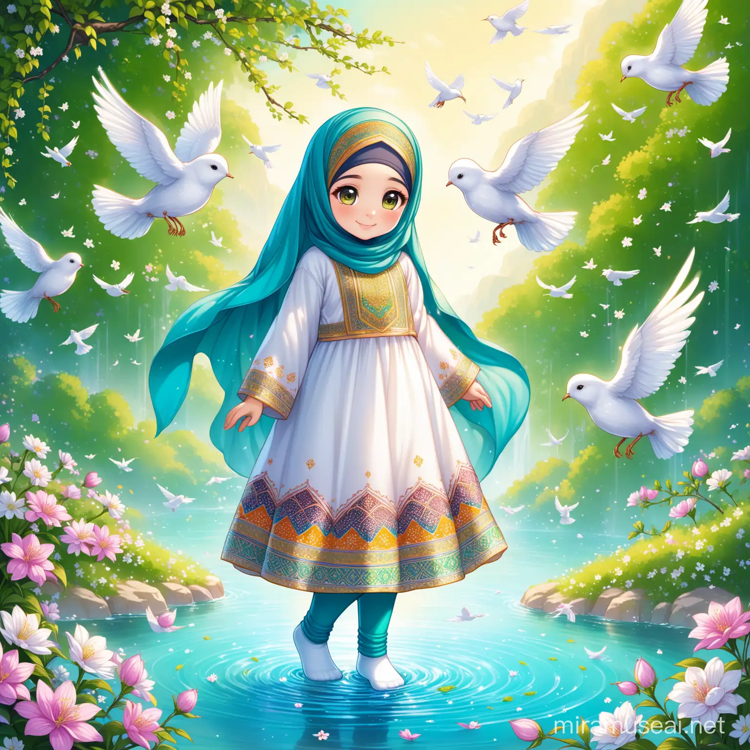 Character Persian little girl(full height, Muslim, with emphasis no hair out of veil(Hijab), eyes must be small, bigger nose, white skin, cute, smiling, wearing socks, clothes full of Persian designs, heavenly girl).

Atmosphere flowing water from the spring with flowers, nightingales and flying birds in spring.
