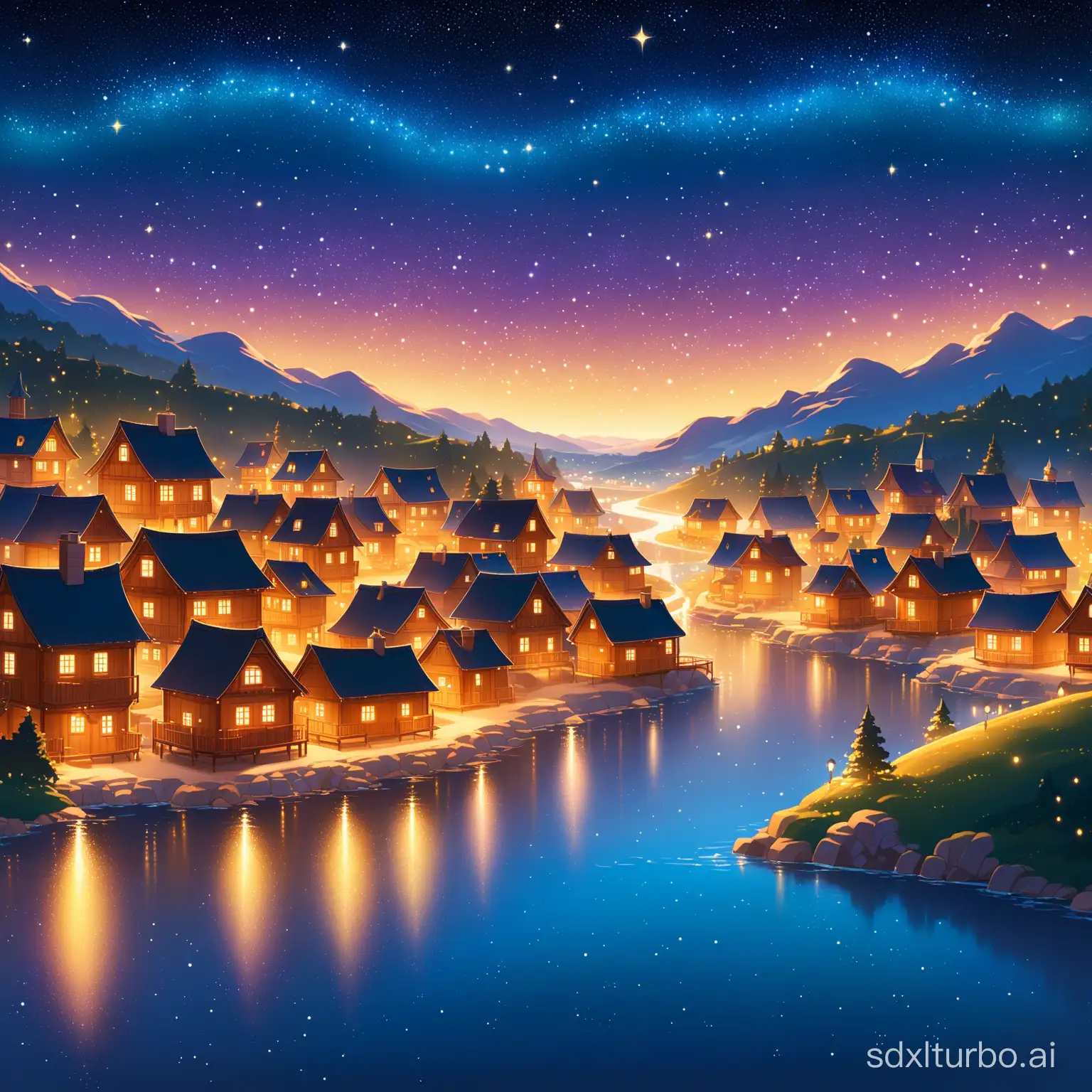 A tranquil town, with the starry night sky shimmering, warm lights spilling onto small houses, Disney style, aspect ratio 9:16.