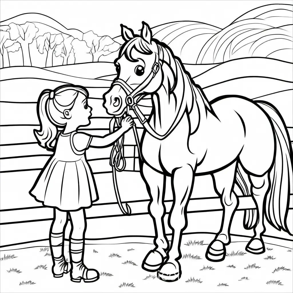 little girl feeing a horse, Coloring Page, black and white, line art, white background, Simplicity, Ample White Space. The background of the coloring page is plain white to make it easy for young children to color within the lines. The outlines of all the subjects are easy to distinguish, making it simple for kids to color without too much difficulty