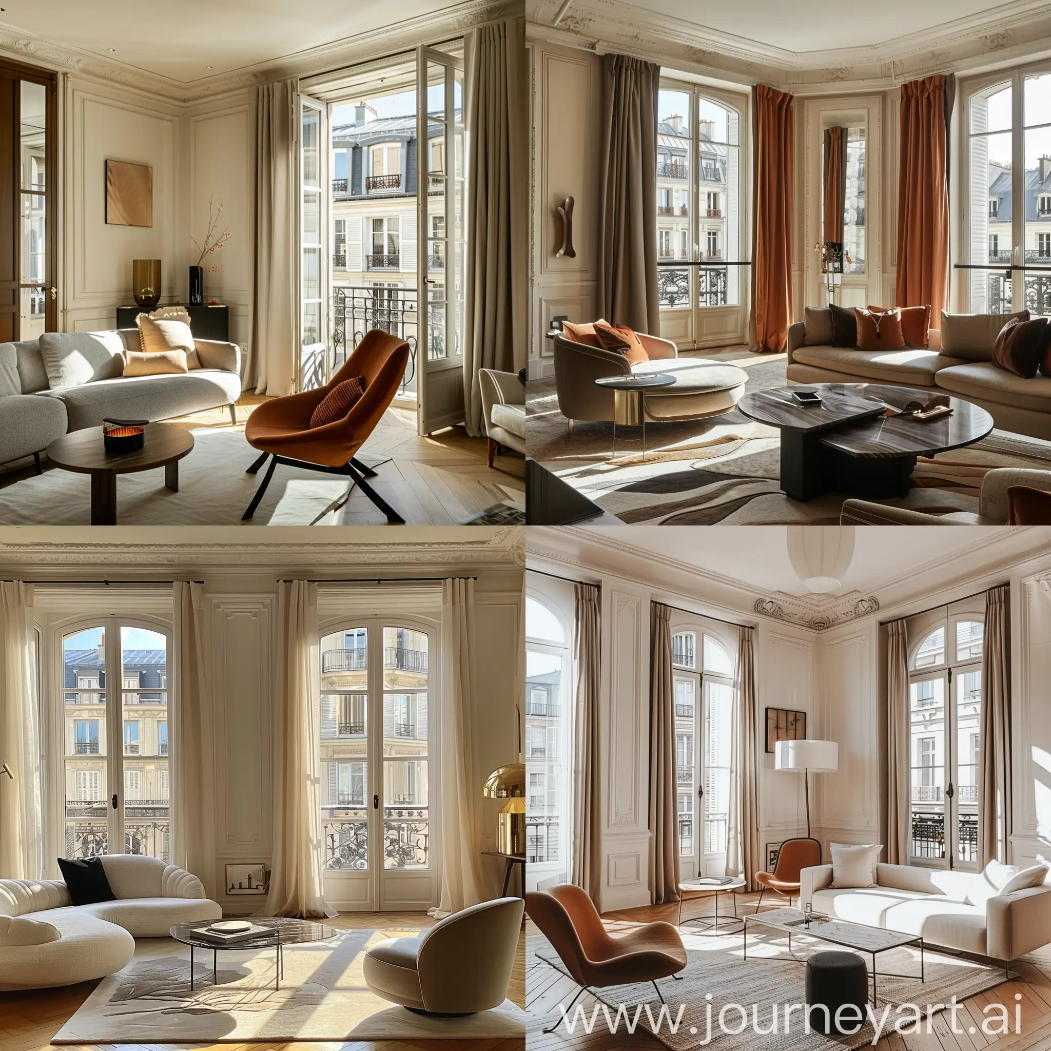 an amazing Parisian modern and chic serviced apartment with high-end furniture, filled with warm afternoon light through the windows.