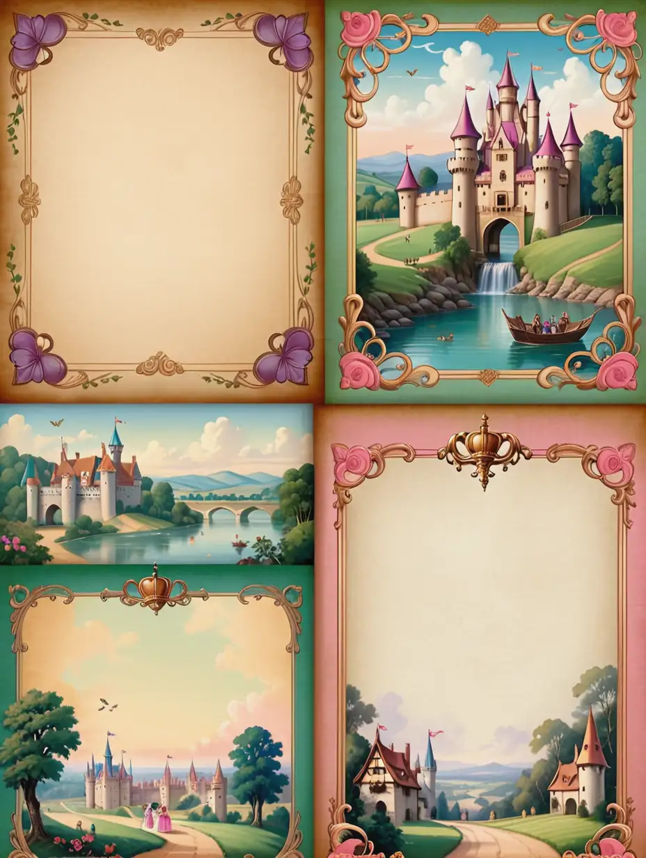 Vintage Elizabethan Fairy Tale Background with Castles and Princesses