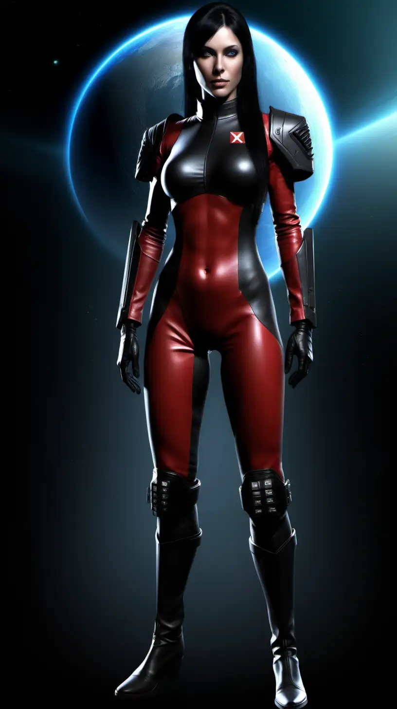 Seleene, from the online game EVE Online.  She is 5 foot 10 inches tall, with long black hair and ice blue eyes.  Not skinny, athletically built.  Wears a black and red body suit that resembles a military uniform.  Has the Mercnary Coalition card symbol on the right shoulder.  She stands on the command deck of her Nyx-class supercarrier, radiating an aura of confident command.
