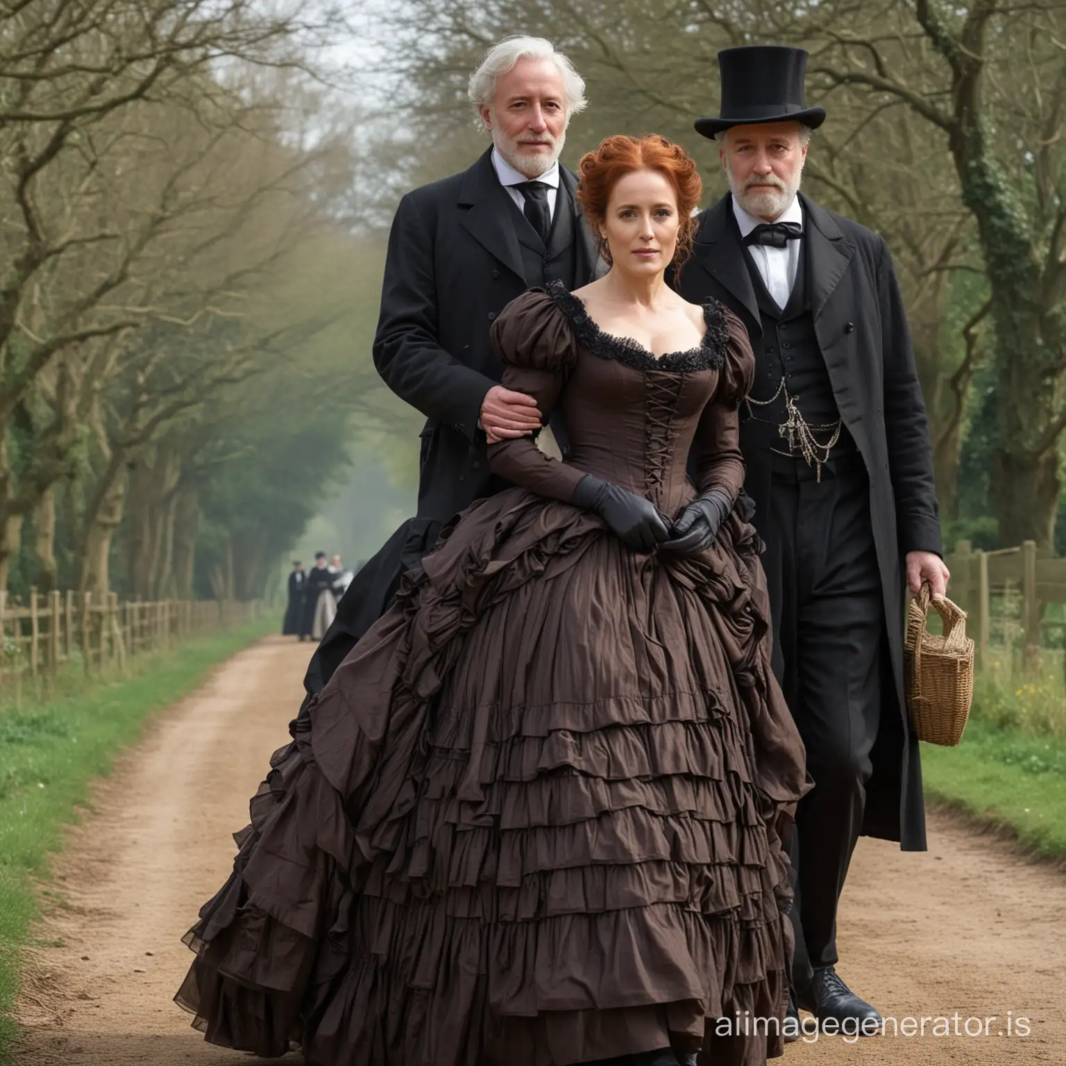 red hair Gillian Anderson wearing a dark brown floor-length loose billowing 1860 Victorian crinoline dress with a frilly bonnet walking hand in hand with an old man dressed into a black Victorian suit who seems to be her newlywed husband
