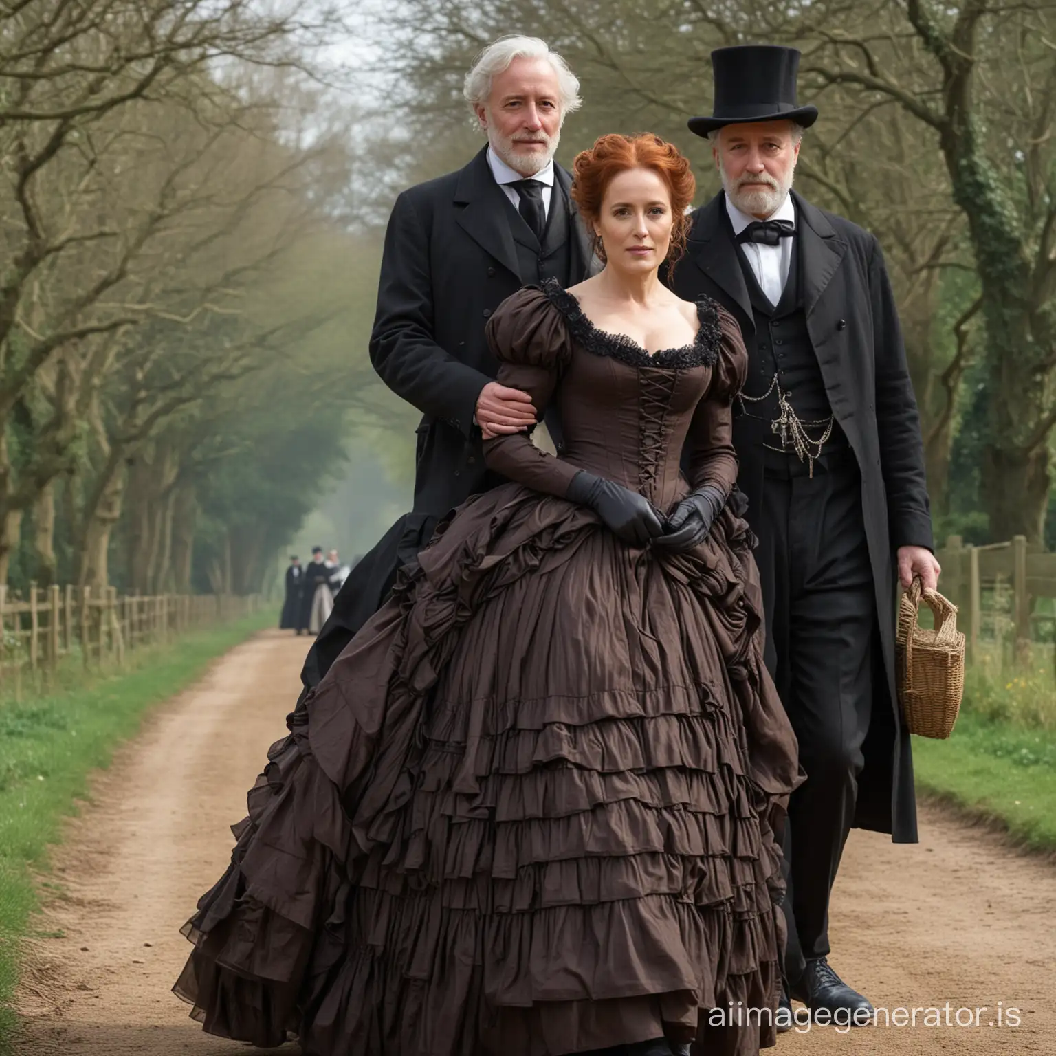 red hair Gillian Anderson wearing a dark brown floor-length loose billowing 1860 victorian crinoline dress with a frilly bonnet walking hand in hand with an old man dressed into a black victorian suit who seems to be her newlywed husband
