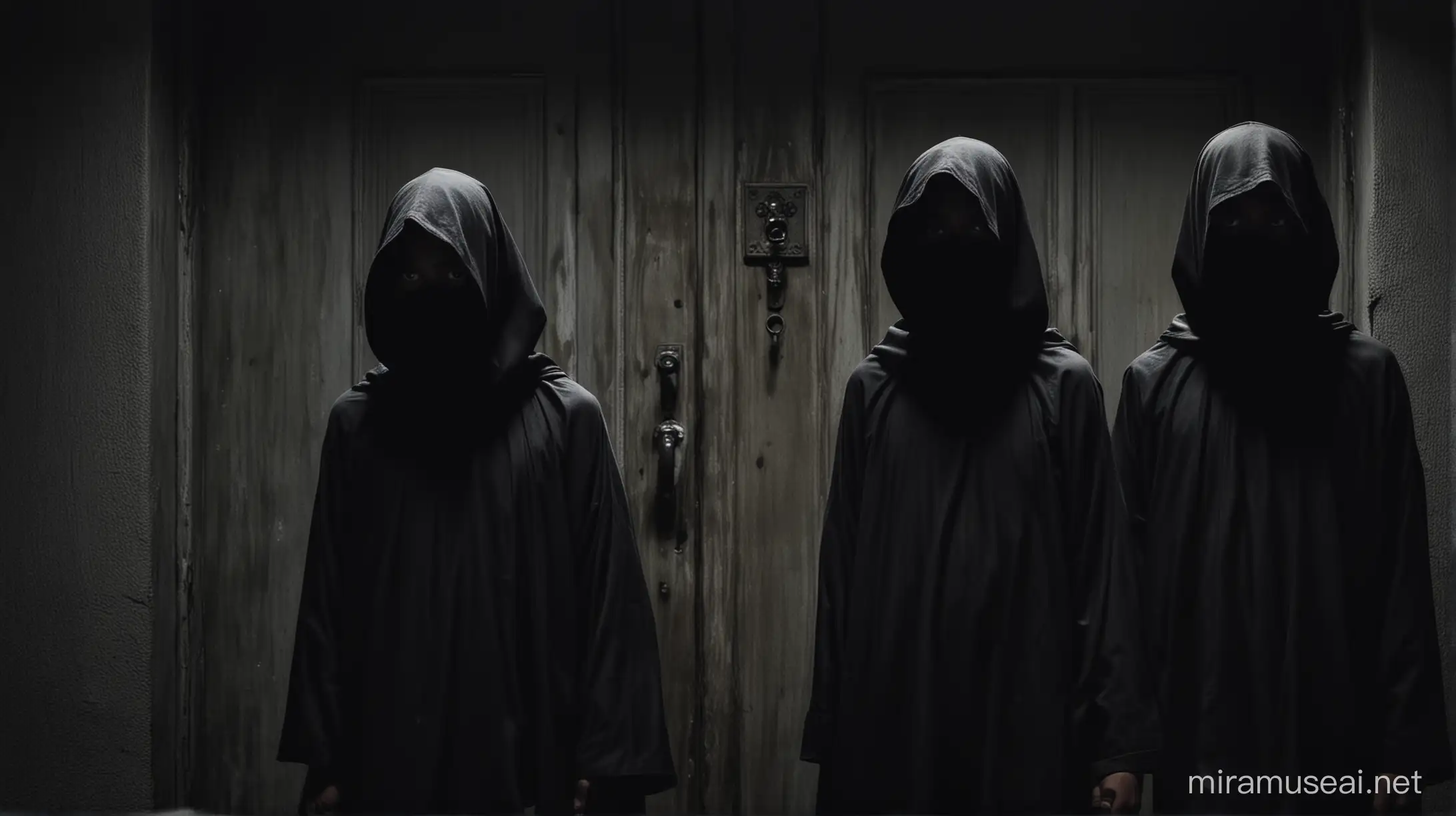 Three robed figures wearing black hoods knocking on the doors of houses in the Philippines in the middle of the night, two of them looked like old Filipino men while the other one looks is a young Filipino girl, their faces are obscured, mysterious, dark, cinematic, horror