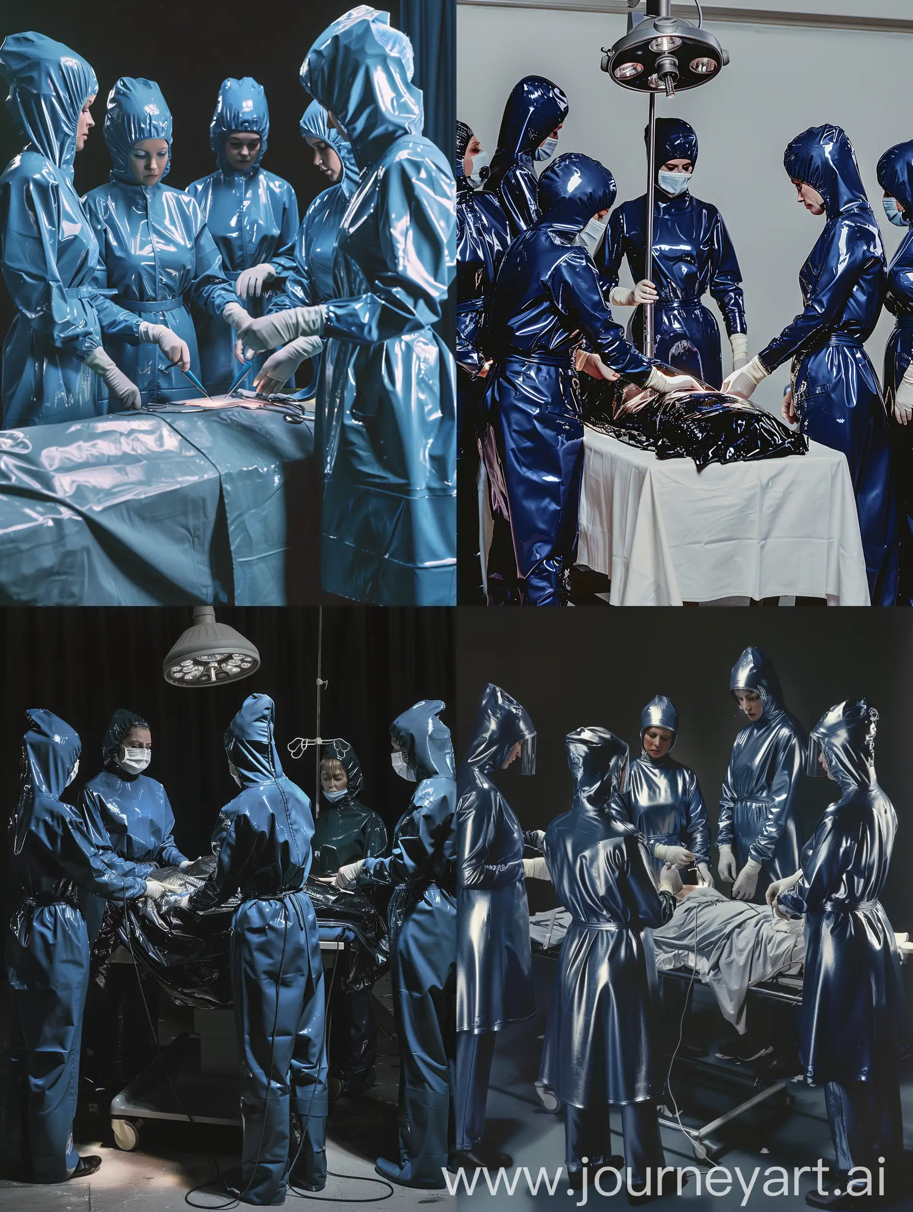 AllFemale-Surgical-Team-Performing-Operation-in-Blue-Latex-Mackintoshes
