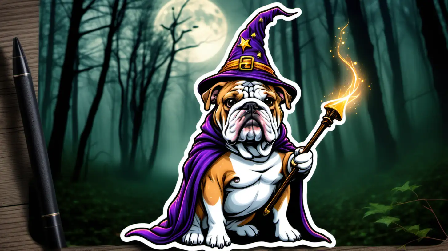 Fawn English Bulldog Dressed up as a wizard with a eerie forest in the background . This will be a sticker.