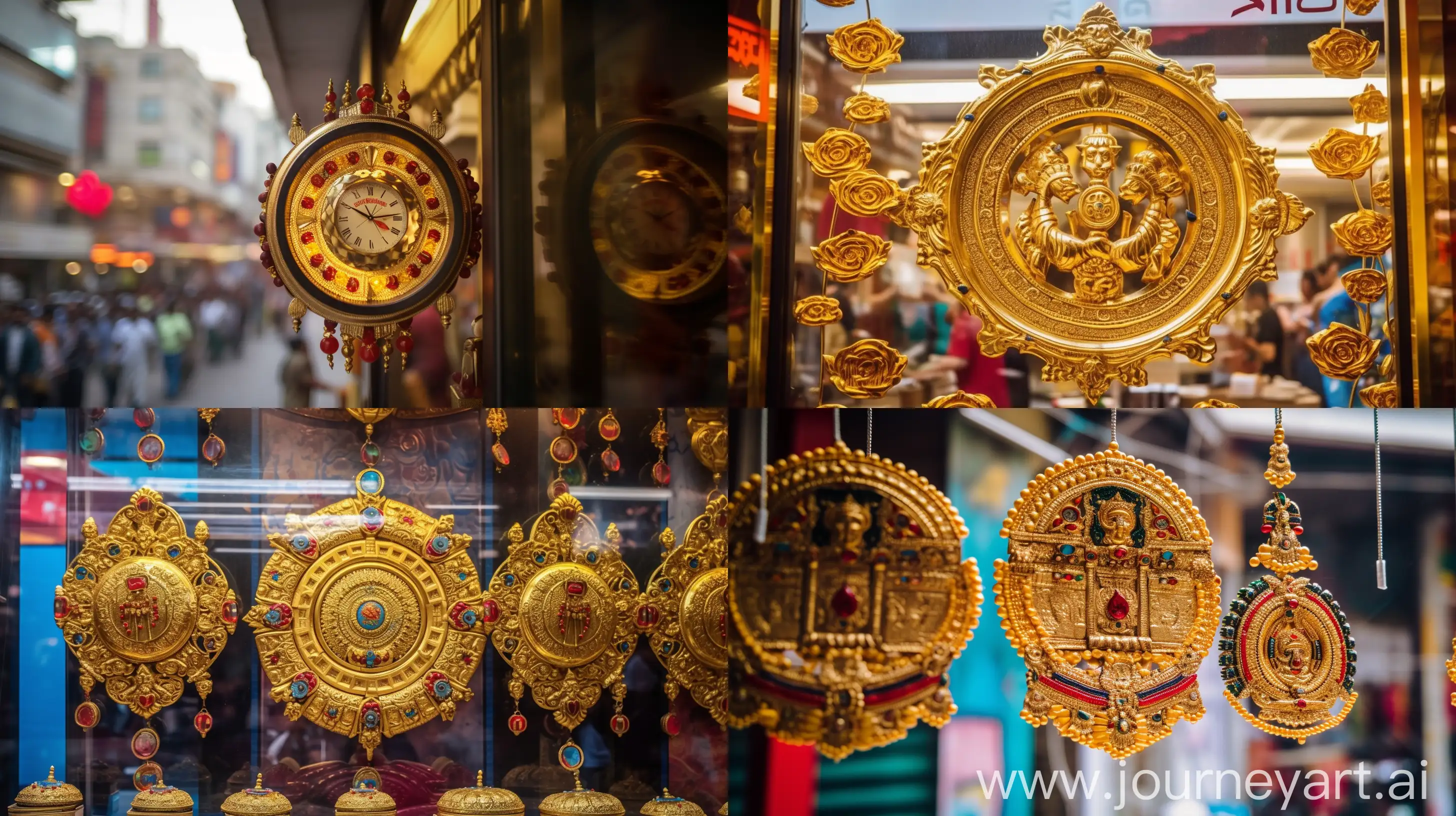 Varma Jewellers emblem, a fusion of traditional and modern elements, prominently displayed on a storefront at Badi Market in Pantnagar, surrounded by the vibrant colors and lively atmosphere of the bustling market, Photography, street photography style with a 35mm lens, --ar 16:9 --v 5