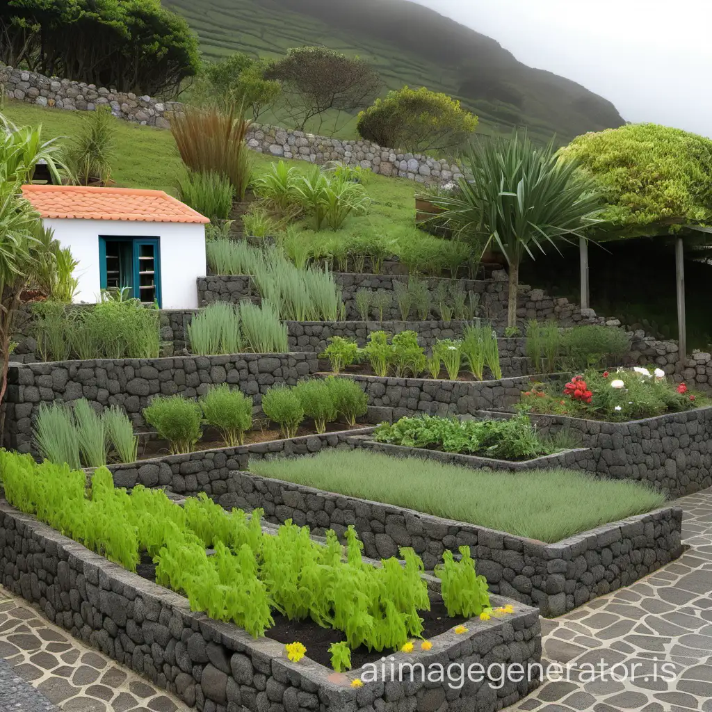 terraced herb garden next to Azorean stone sea cottage