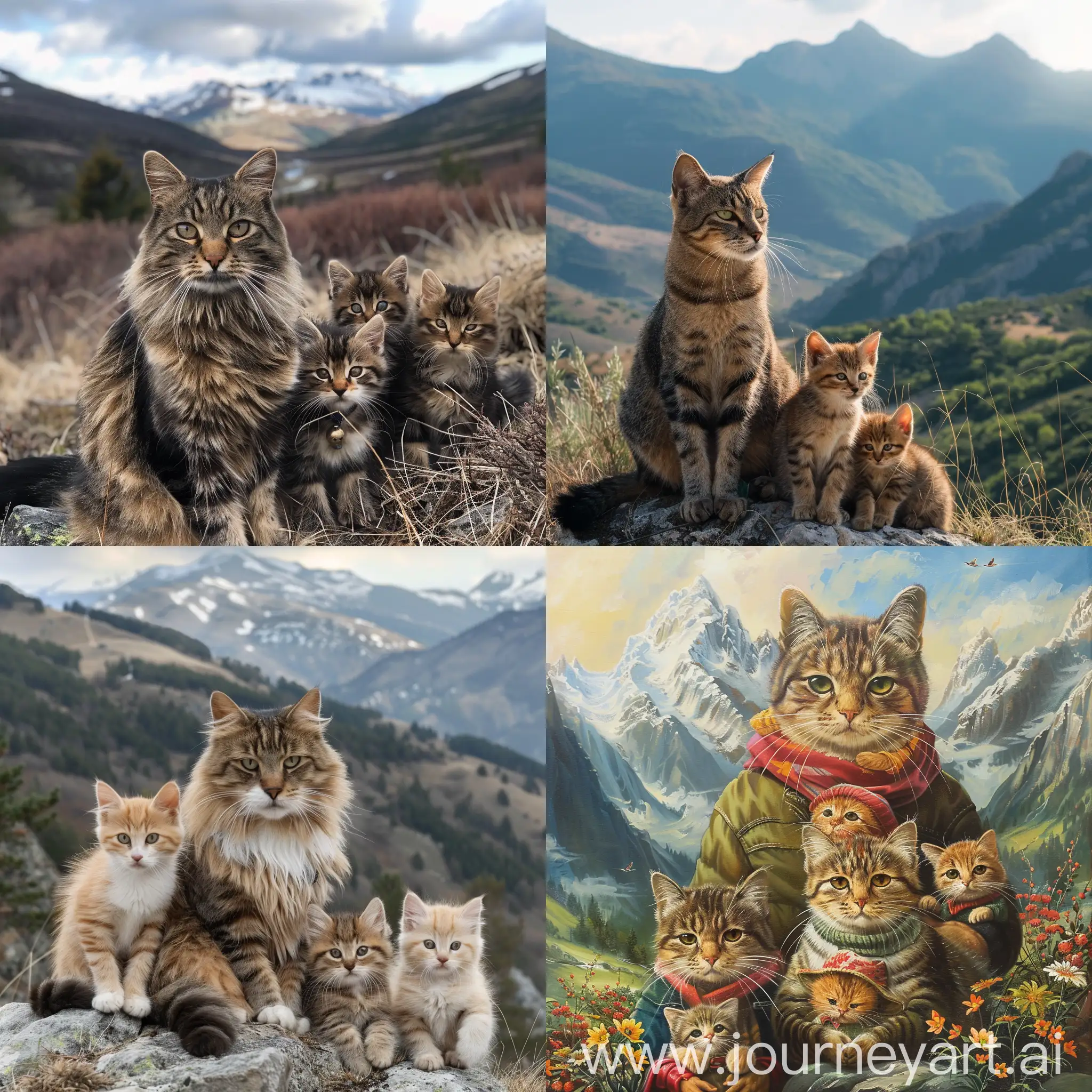 A cat with his family in mountains