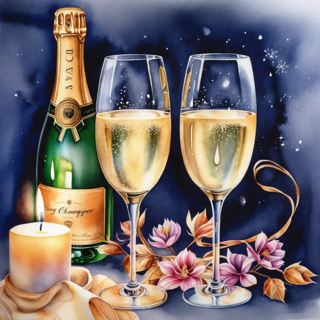 Romantic Watercolor Painting of Champagne Glasses and Lit Candles