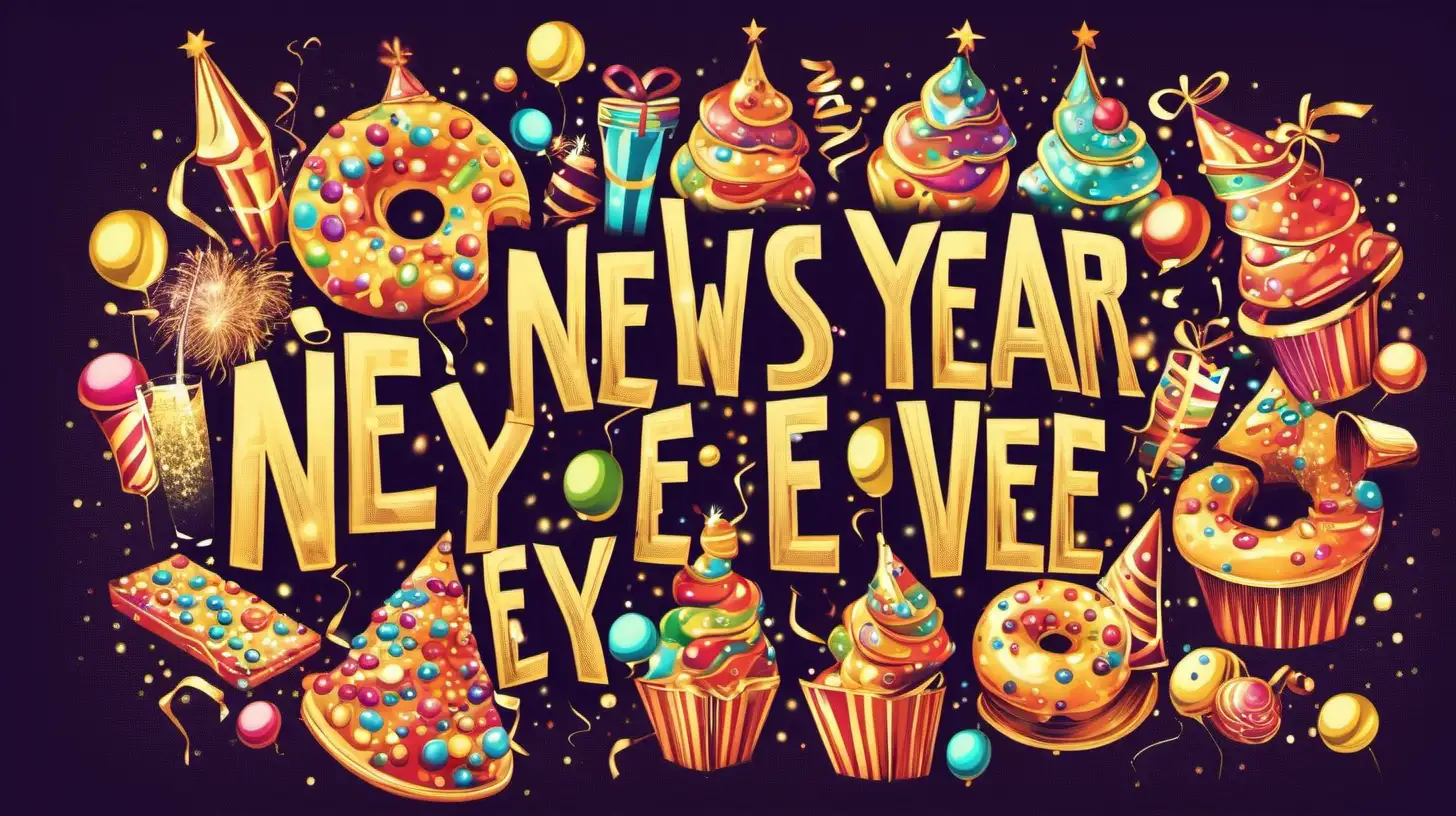 give me a picture of a New Year's Eve celebration in the style of food and drink and fun and laughter without people