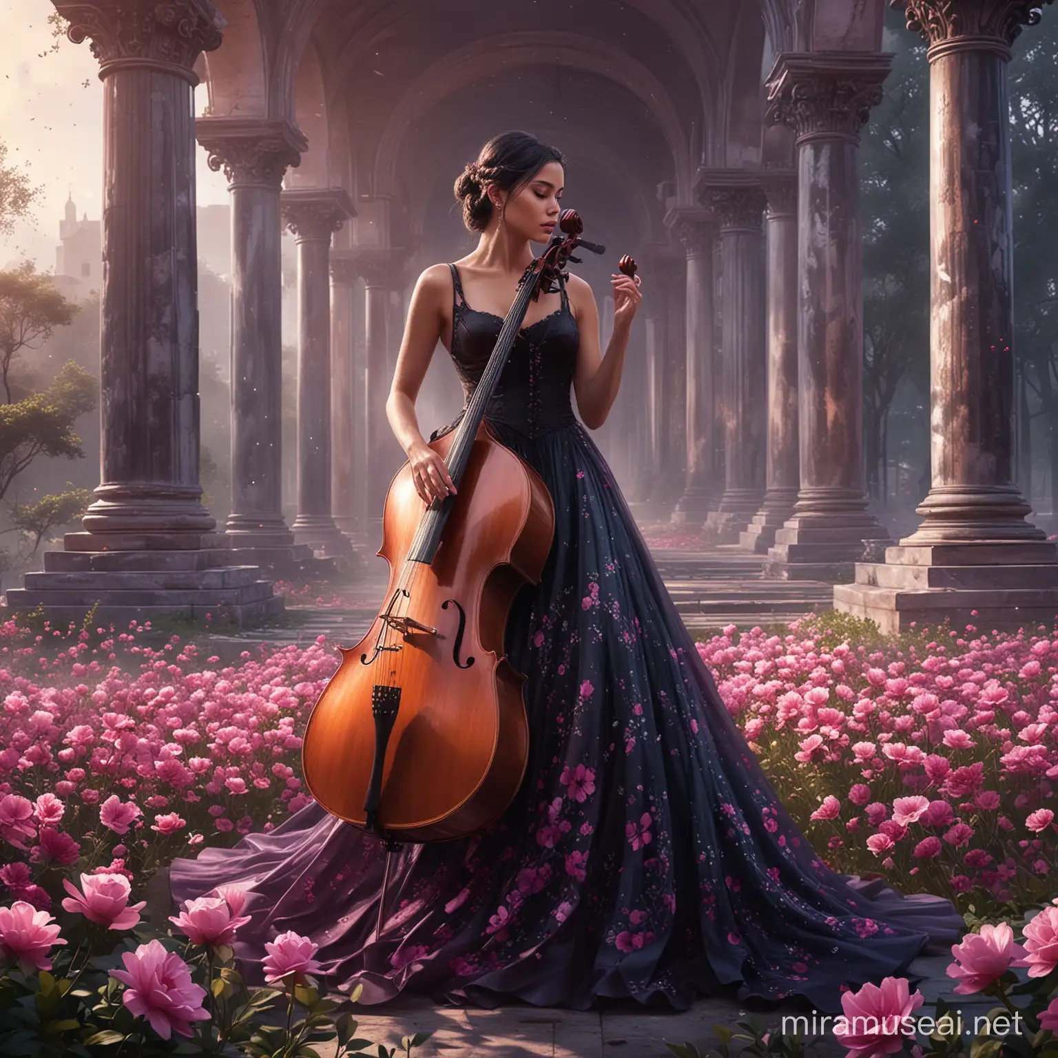 A beautiful woman, standing up on transparent ground, playing cello, surrounded by dark purple and dark pink flowers. Long black braid. Long elegant green dress, haute couture. Background sparkle and dark pink Petra monument. Digital art, illustration, digital illustration, digital painting