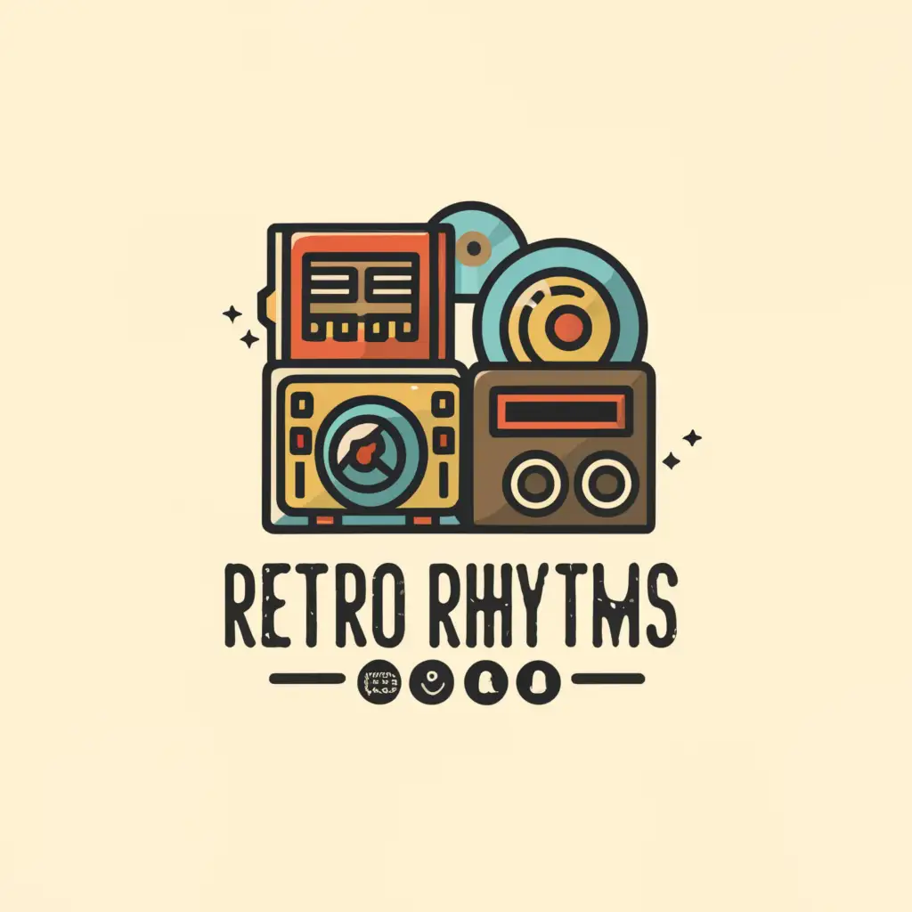 a logo design,with the text "Retro Rhythms", main symbol:cd,vinyl,cassette,radio,,Moderate,be used in Entertainment industry,clear background