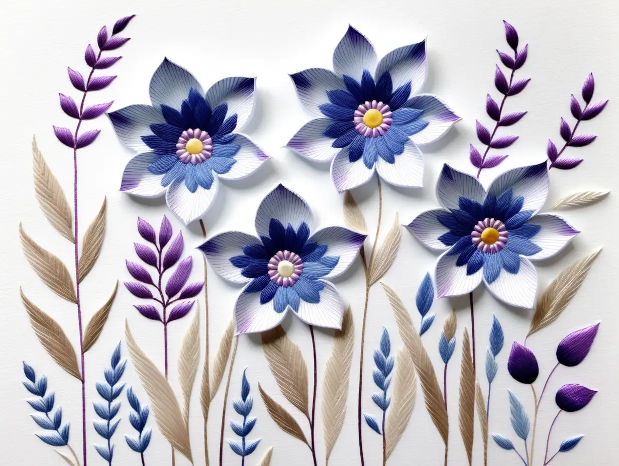 watercolour paper flowers embroidered with pruple and blue patter, in the style of opaque resin panels, english countryside, peaceful ambiance, close up, white background, hand painted flowers -- ar 15:7
