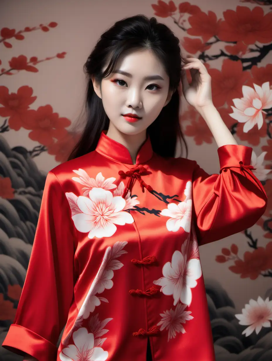 Chinese red blouse, look at camera , in the style of dreamy and romantic compositions, floral explosions --ar 24:37 --stylize 750 --v 6