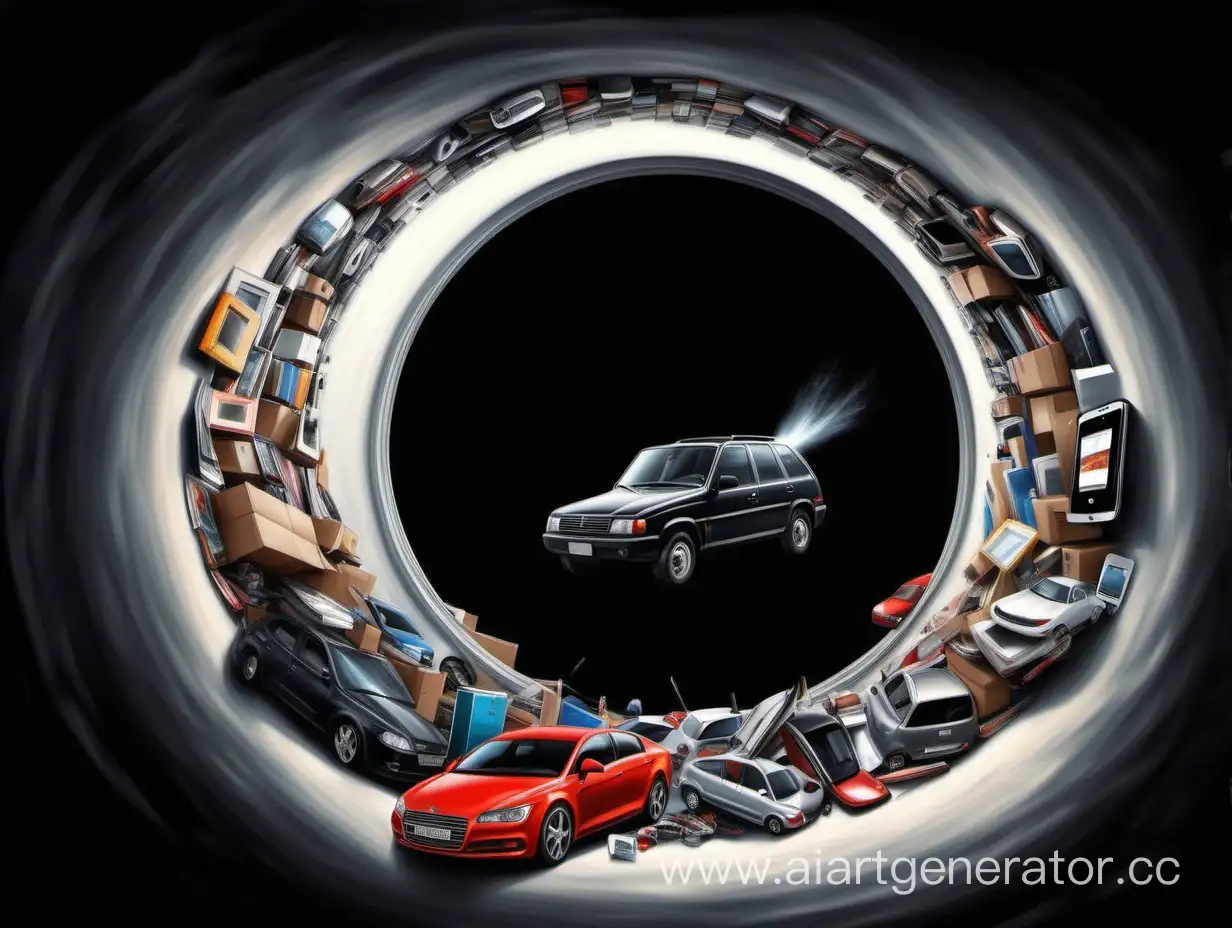 Smartphones, vacuum cleaners, tablets, parcels and cars are sucked into a black hole hyperrealism