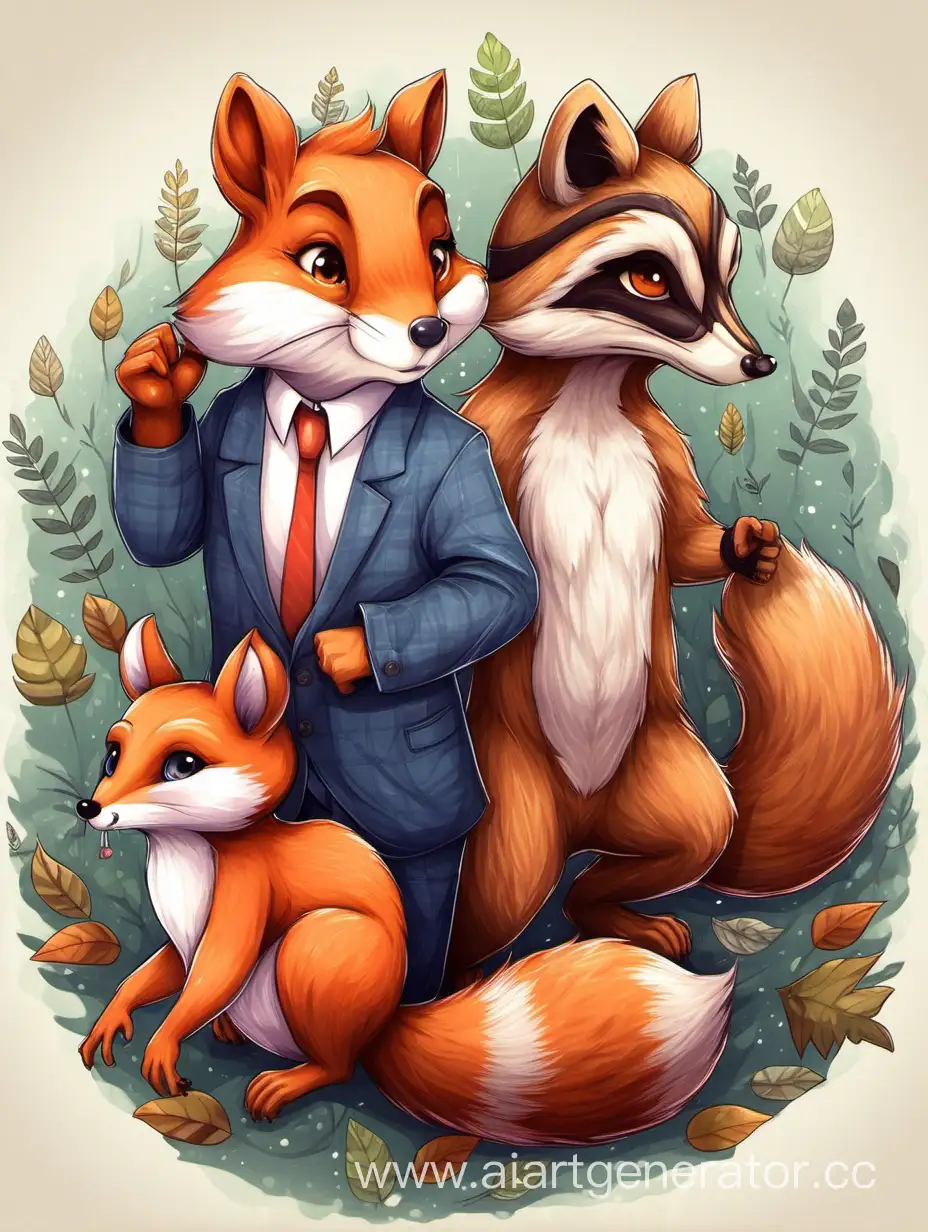 Woodland-Trio-Squirrel-Fox-and-Raccoon-in-Enchanting-Forest-Scene