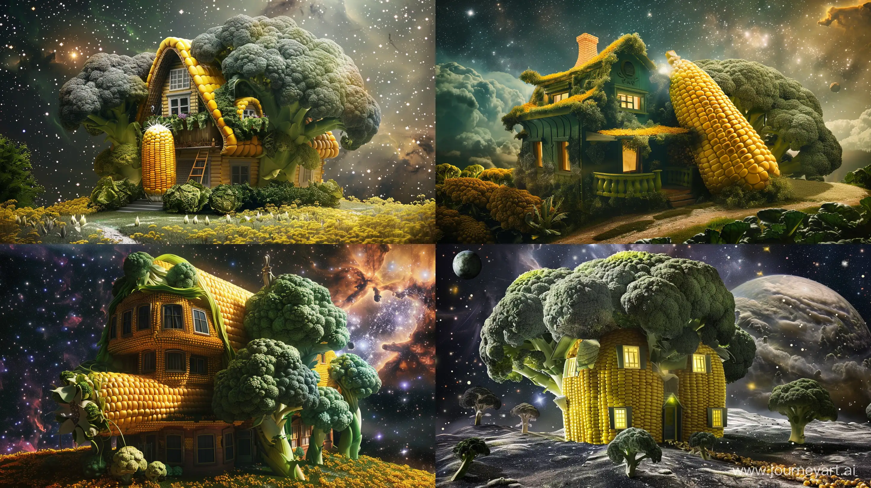 big house in the shape of corn and broccoli, in the galaxy, fantasy style, realistic --chaos 10 --ar 16:9