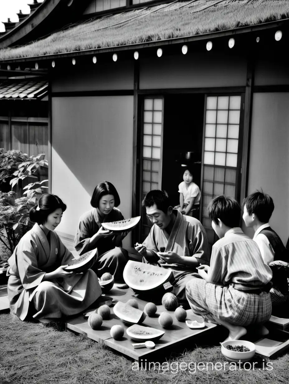 an old monochrome photo of Japanese house people living a sunny day eating watermelon