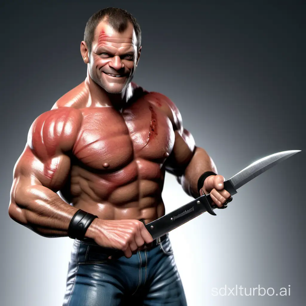 chris benoit smiling holding a knife. ultra realistic. side perspective. 8k.