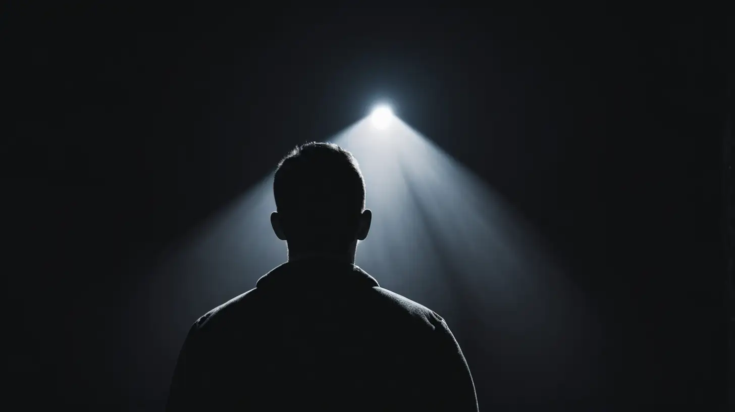 man watching spotlight above in darkness