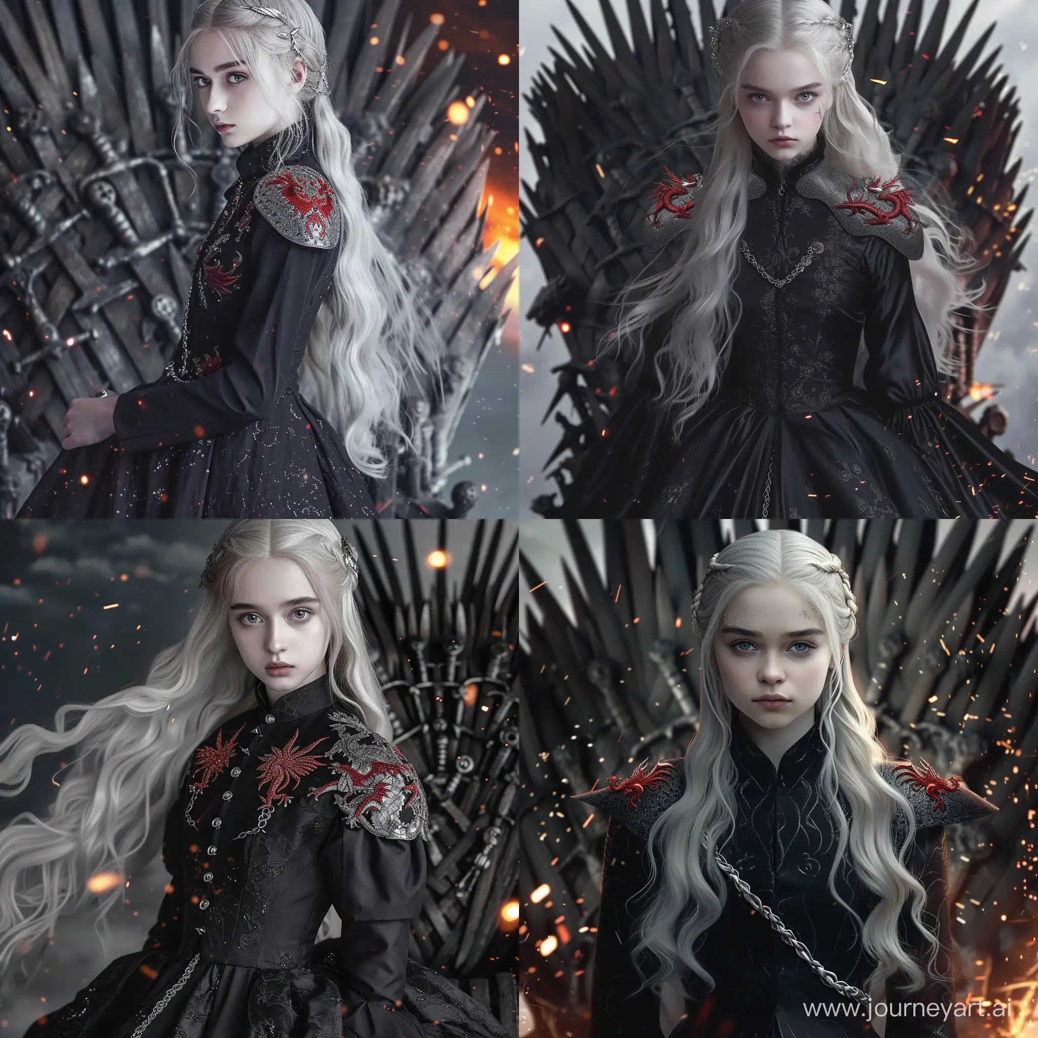 A Targaryen girl with snow-white long hair and gray eyes, she is wearing a black floor-length dress with a pattern of red dragons on her shoulders and silver embroidery, gloomy style, Game of Thrones, against the background of the Iron Throne and sparks of flame
