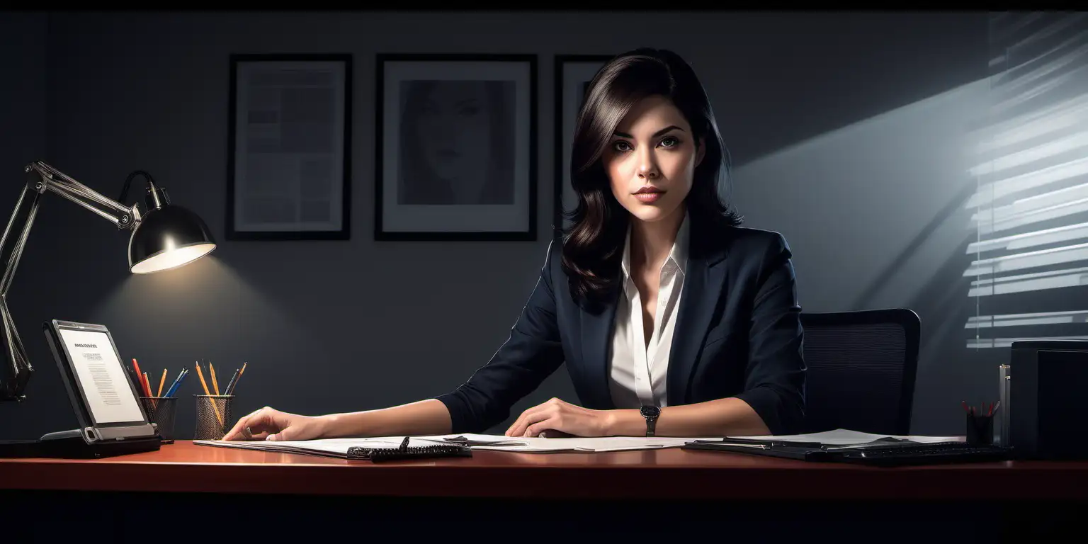 "Generate a compelling illustration of a woman with dark hair seated behind a desk. Capture an environment and posture that tells a story of professionalism, concentration, or empowerment. Use appropriate lighting and details to enhance the atmosphere and meaning of the scene."


