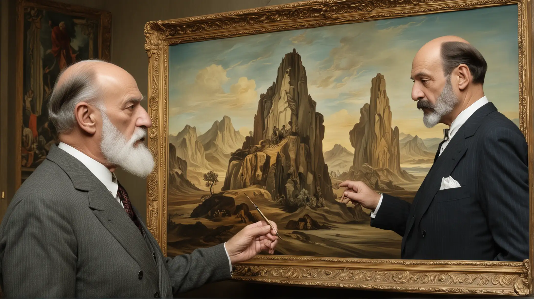 Year 1917. Sigmund Freud rSigmund Freud looks at a painting by Salvador Dali. Styled like an old hand-colored silent film.