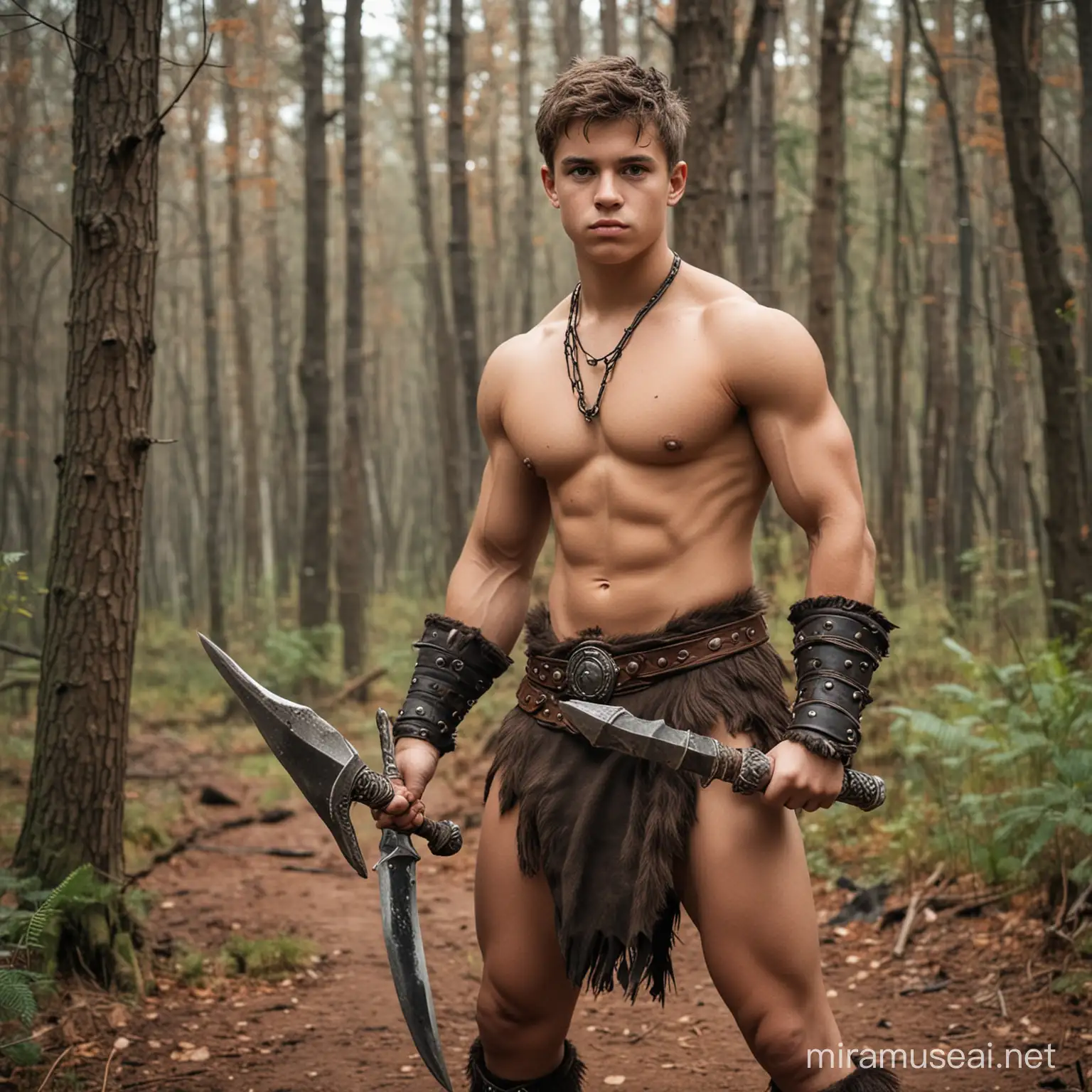 Young boy teen sexy barbarian in a forest