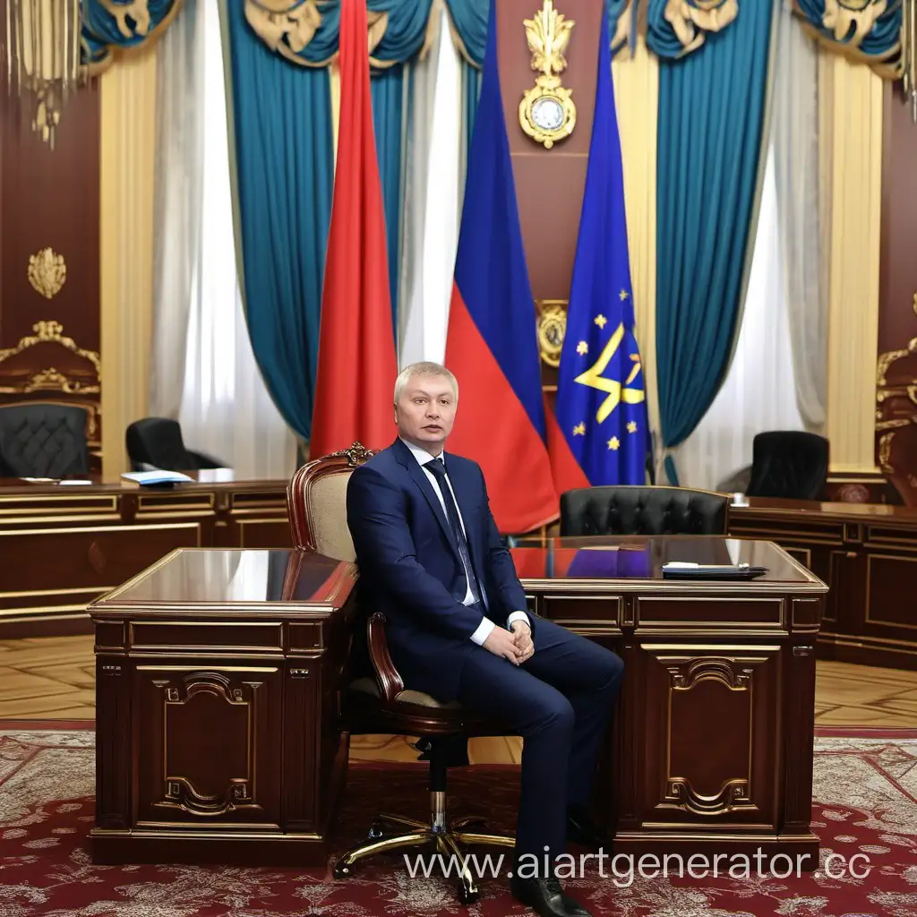 кандидат в президенты по имени Евгений Еврокакевич который сидит за своим столом

