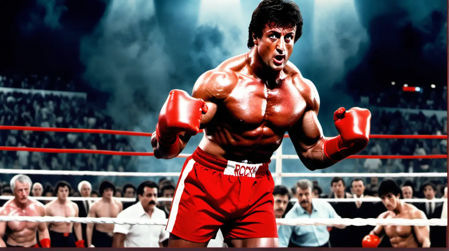 create a Movie poster of ROCKY I.  , white men, exactkly Silvester Stalone, in red box shorts and red gloves. Sweaty and muscular. In the background is people in arena. 16:9 V6.0