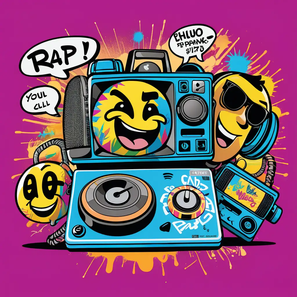 Create a visually striking thumbnail for a YouTube show episode titled 'Rap Lyric Prank Calls'. The background should be a vibrant montage of iconic hip-hop symbols such as graffiti tags, boomboxes, vinyl records, microphones, and DJ turntables. These elements should be artistically arranged to create a lively and engaging backdrop. In the foreground, incorporate symbols related to prank calls, like a whimsical, oversized telephone receiver, speech bubbles, and emoji faces depicting laughter and surprise. The episode title, 'Rap Lyric Prank Calls', should be prominently displayed in bold, graffiti-style lettering, capturing the essence of street art. The color scheme should be bright and eye-catching, creating a fun and energetic vibe. This design should merge the worlds of hip-hop and humor, visually conveying the concept of using rap lyrics in prank calls in a way that's immediately intriguing to viewers interested in music and comedy