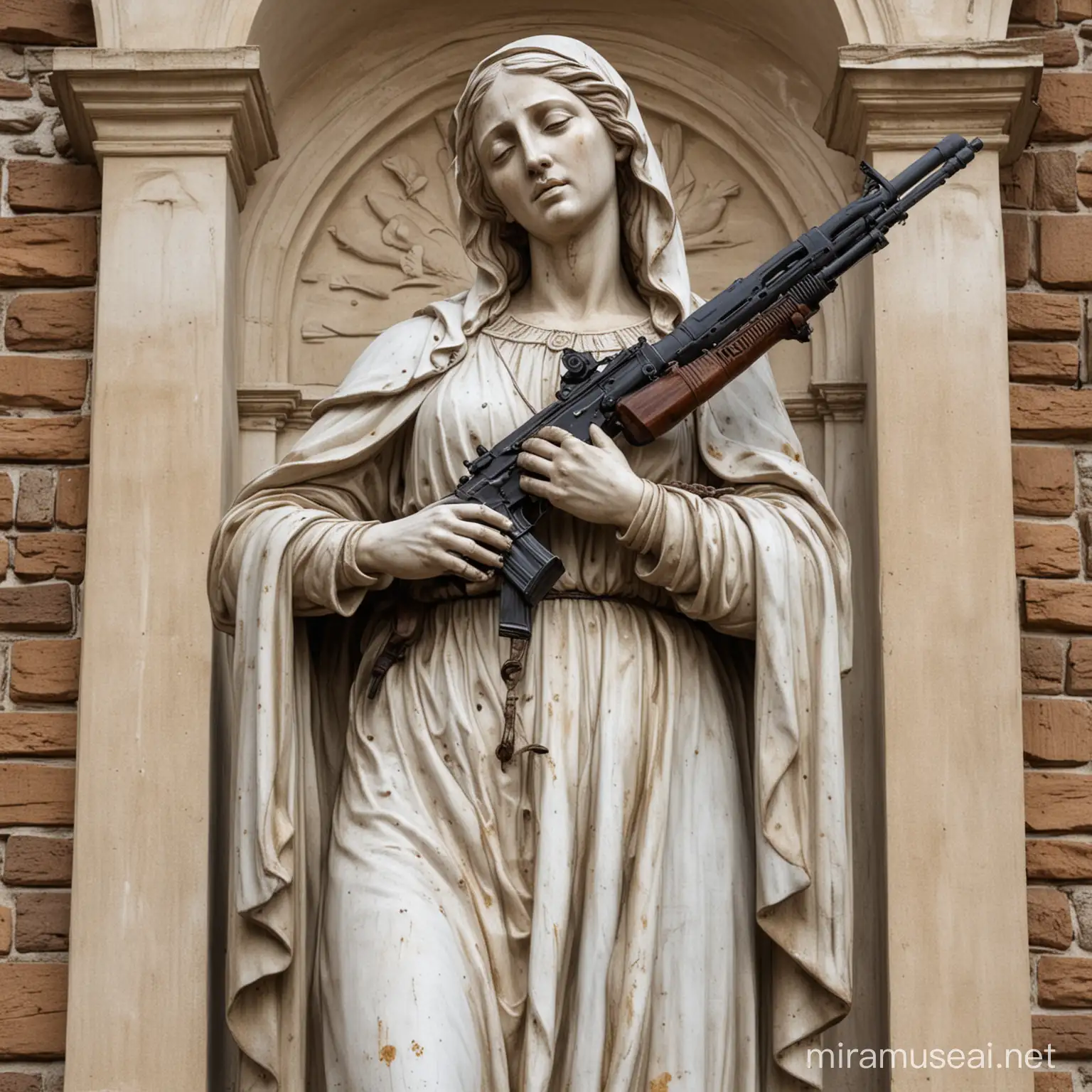 statua della madonna che piange con le braccia incrociate che tiene in mano due fucili