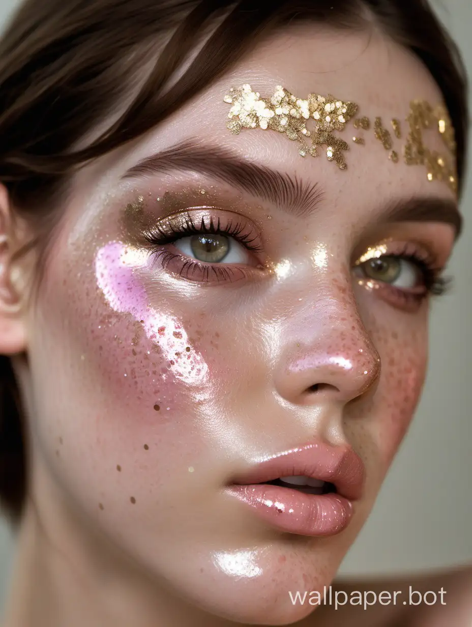 candid portrait wide shot photograph of a model, fair skin, brunette, glass skin, freckles, wearing blush pink glitter around the eyes, full gloss lips, Nude Makeup Look, natural tones, wearing blush and gold couture, 35mm photography,:: extreme detail of face, eyes, skin, natural light,