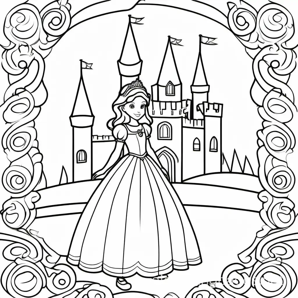Girl princess dress deatail and background castle, Coloring Page, black and white, line art, white background, Simplicity, Ample White Space. The background of the coloring page is plain white to make it easy for young children to color within the lines. The outlines of all the subjects are easy to distinguish, making it simple for kids to color without too much difficulty, Coloring Page, black and white, line art, white background, Simplicity, Ample White Space. The background of the coloring page is plain white to make it easy for young children to color within the lines. The outlines of all the subjects are easy to distinguish, making it simple for kids to color without too much difficulty