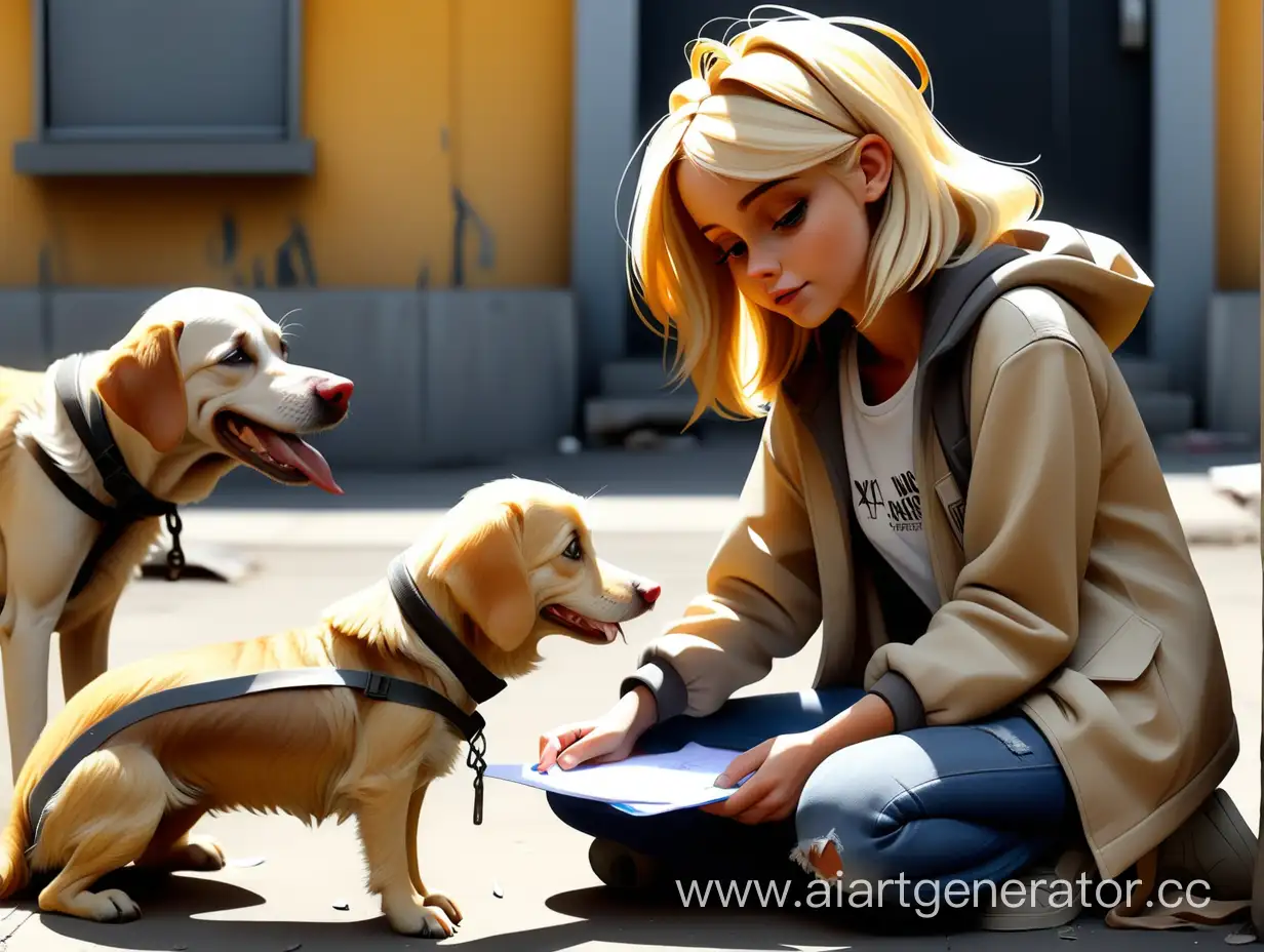 рисунок волонтер девушка блондинка помогает бездомным собачкам
