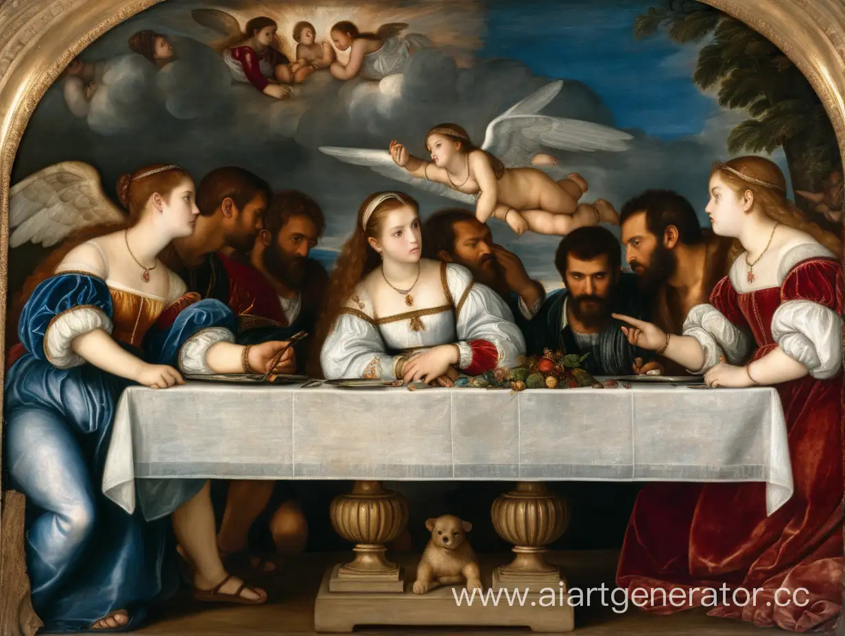 картина Тициан "Любовь небесная и земная", вместо двух героев две девушки на одном столе с разных сторон