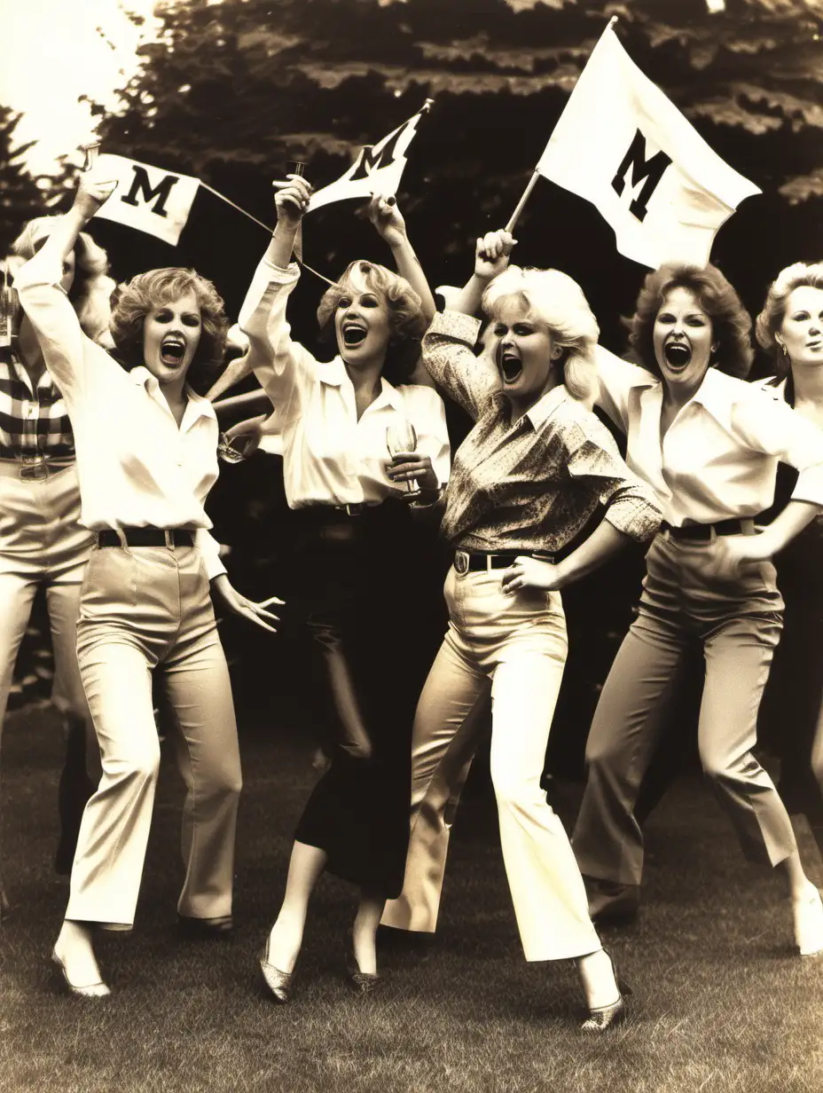 1980s vintage photograph of a group of woman dancing and drinking wine with a Block M Michigan flag