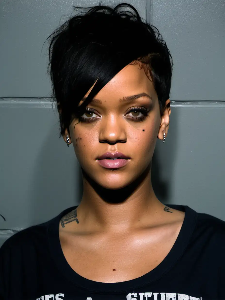 AI please look up look up true to life and highly detailed singer rihanna mugshot that is highly detailed and indistinguishable from real life, rihannas real face showing bruises and drug use, rihannas real skin is life like and highly detailed, no makeup or lipstick, no eyelinger just rihannas life like natural face, shirt looks highly detailed and torn indicating a struggle, extremely life like messy hair is black and very short pixie cut style