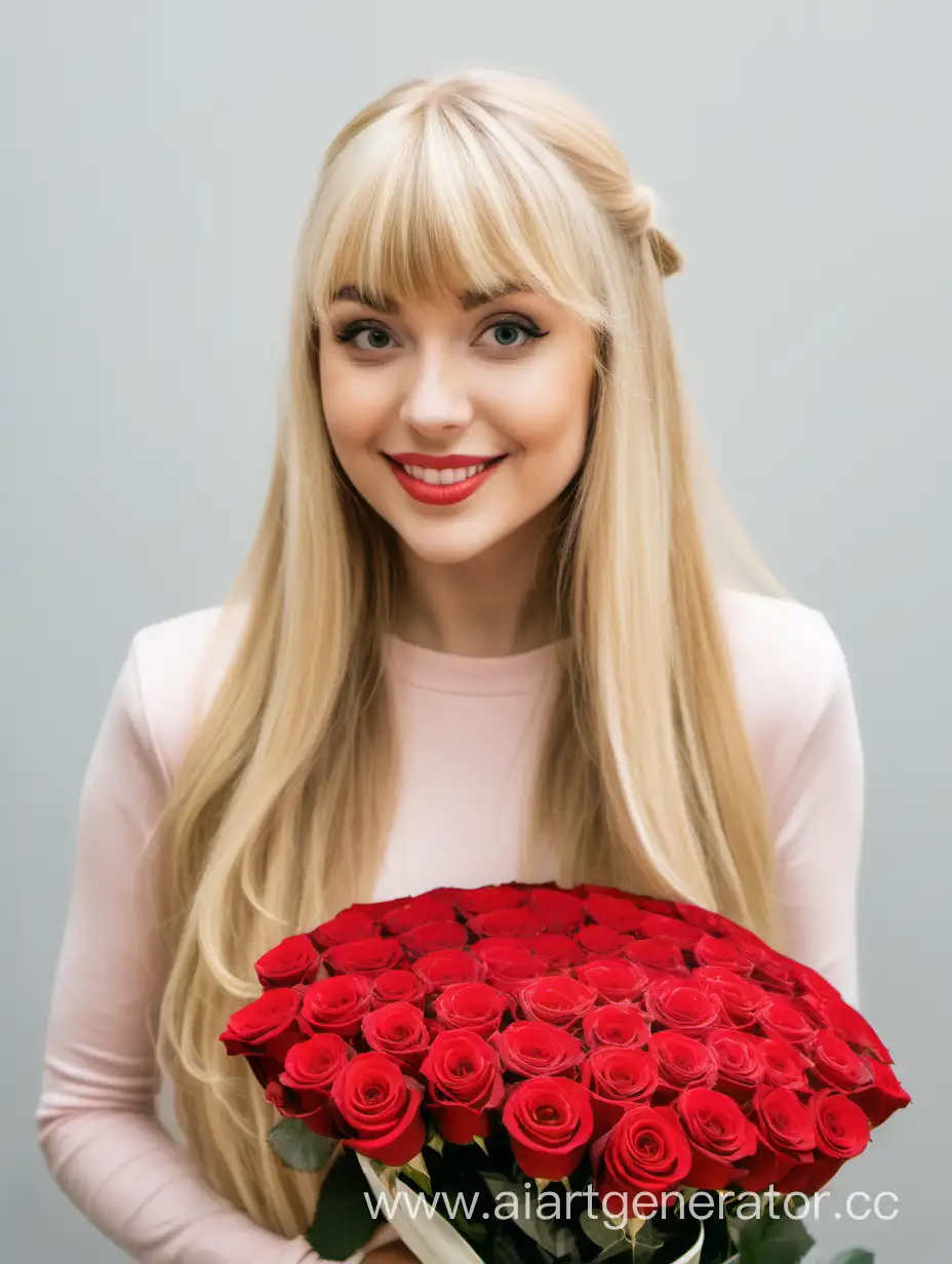 Elegant-Blonde-with-Long-Hair-and-Bangs-Holding-a-Stunning-Bouquet-of-100-Roses