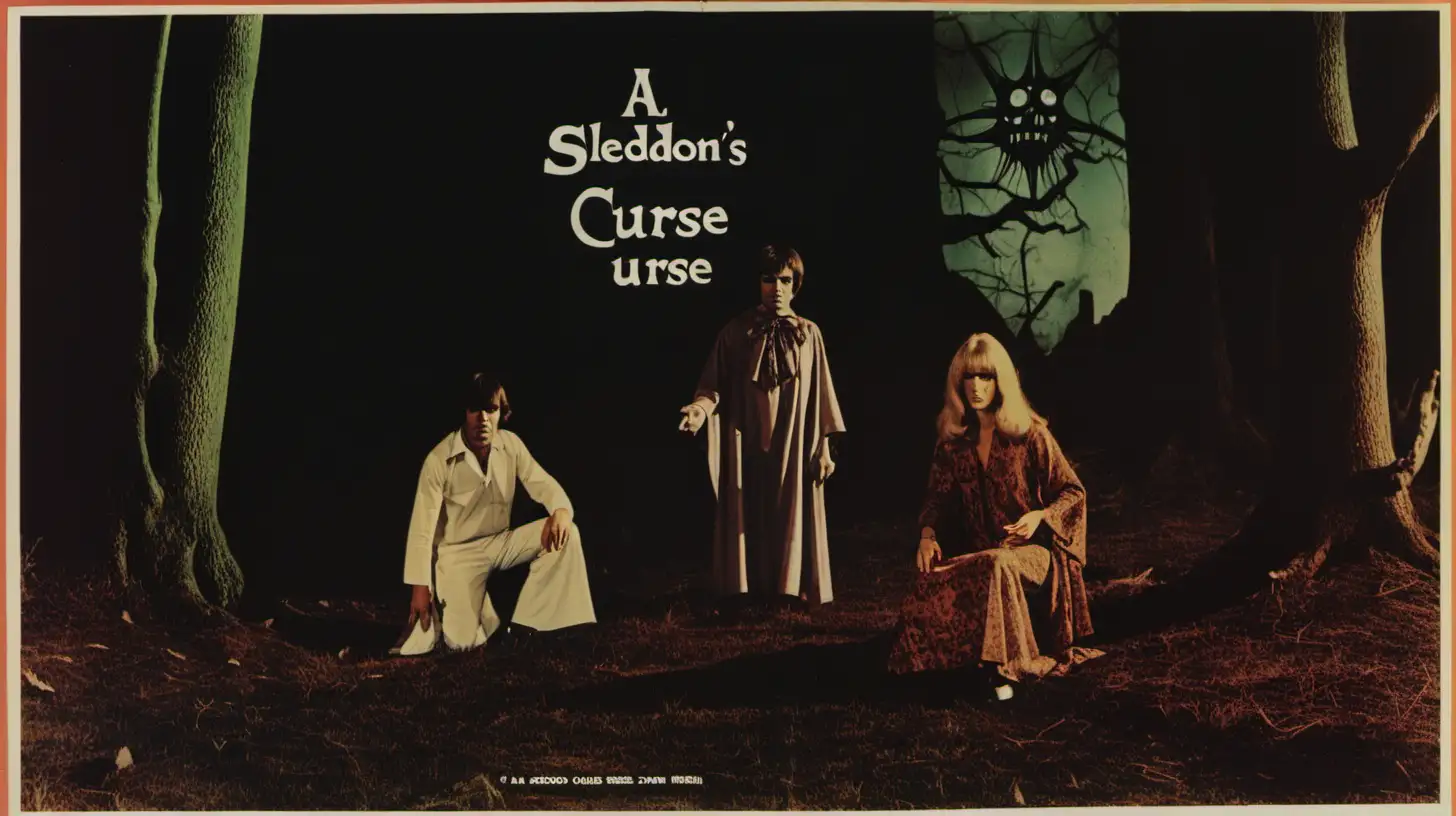 a lobby card promotional photograph for a 1970s alluring British occult film called “Seldon’s Curse”