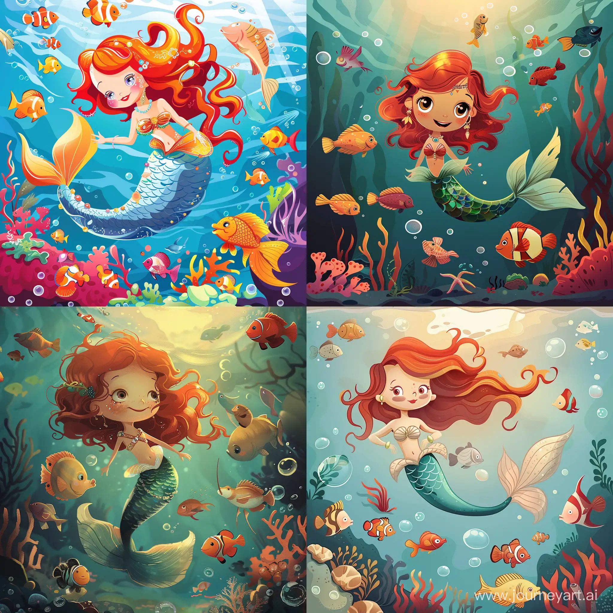 A mermaid is swimming along with other different fish in a sea. 16 years old girl • memaid Has a pretty face • She is wearing a mermaid dress • She has red wavy hair • She is also wearing jewelery on her beautiful tail Background is • Sea • Coral reefs • bubbles