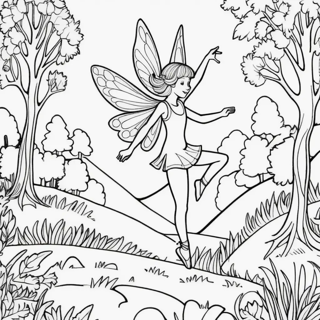 /imagine prompt: clean colouring page for kids, in the style of simple drawing, one forest fairy dancing on a hill,  low detail,  fine  lines, line drawing, no shading -- ar 9:11