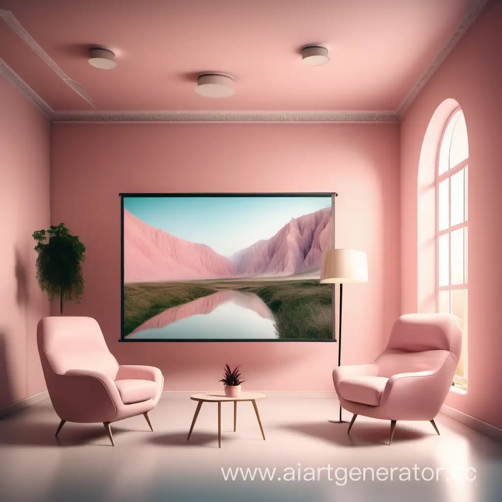 хорошо освещенная комната со светлыми пастельного цвета стенами, посередине мягкое розовое кресло, на стене экран на котором изображен пейзаж, в экране что-то говорит красивая женщина-психолог лет 30-40