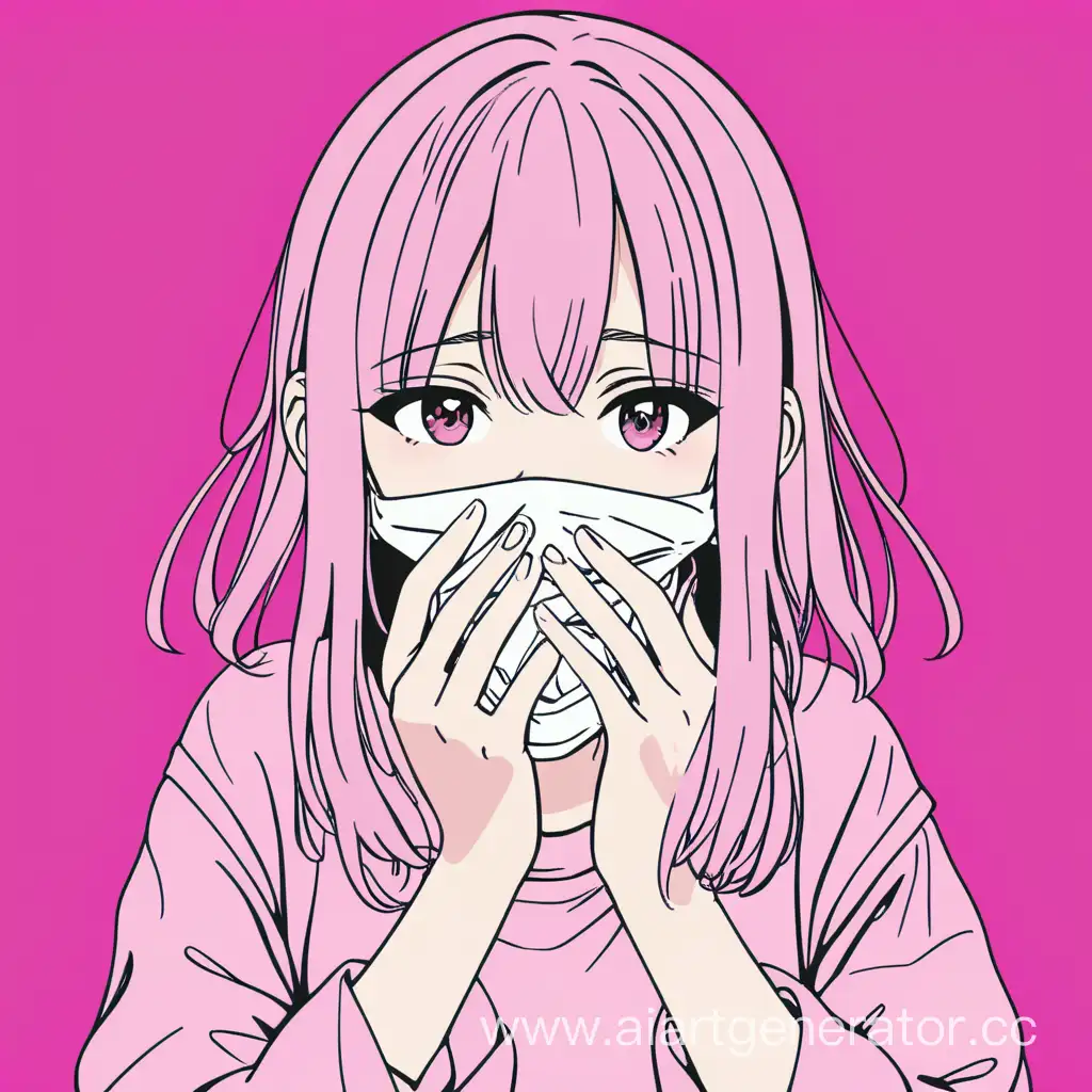 Аниме девушка, на заднем фоне ярко розовый цвет, закрывает рот руками